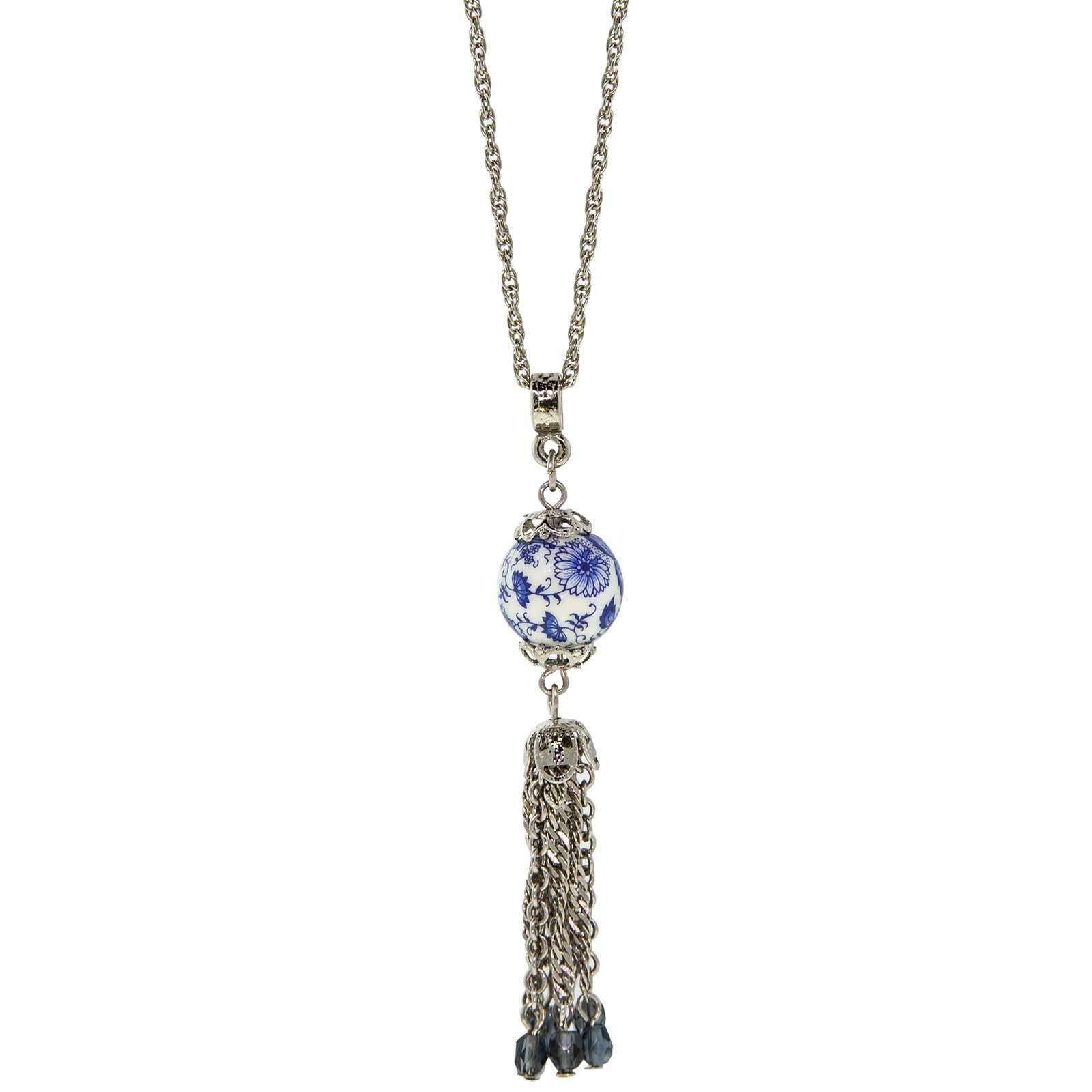1928 Blue Willow Round Bead Tassel Drop Necklace with 16