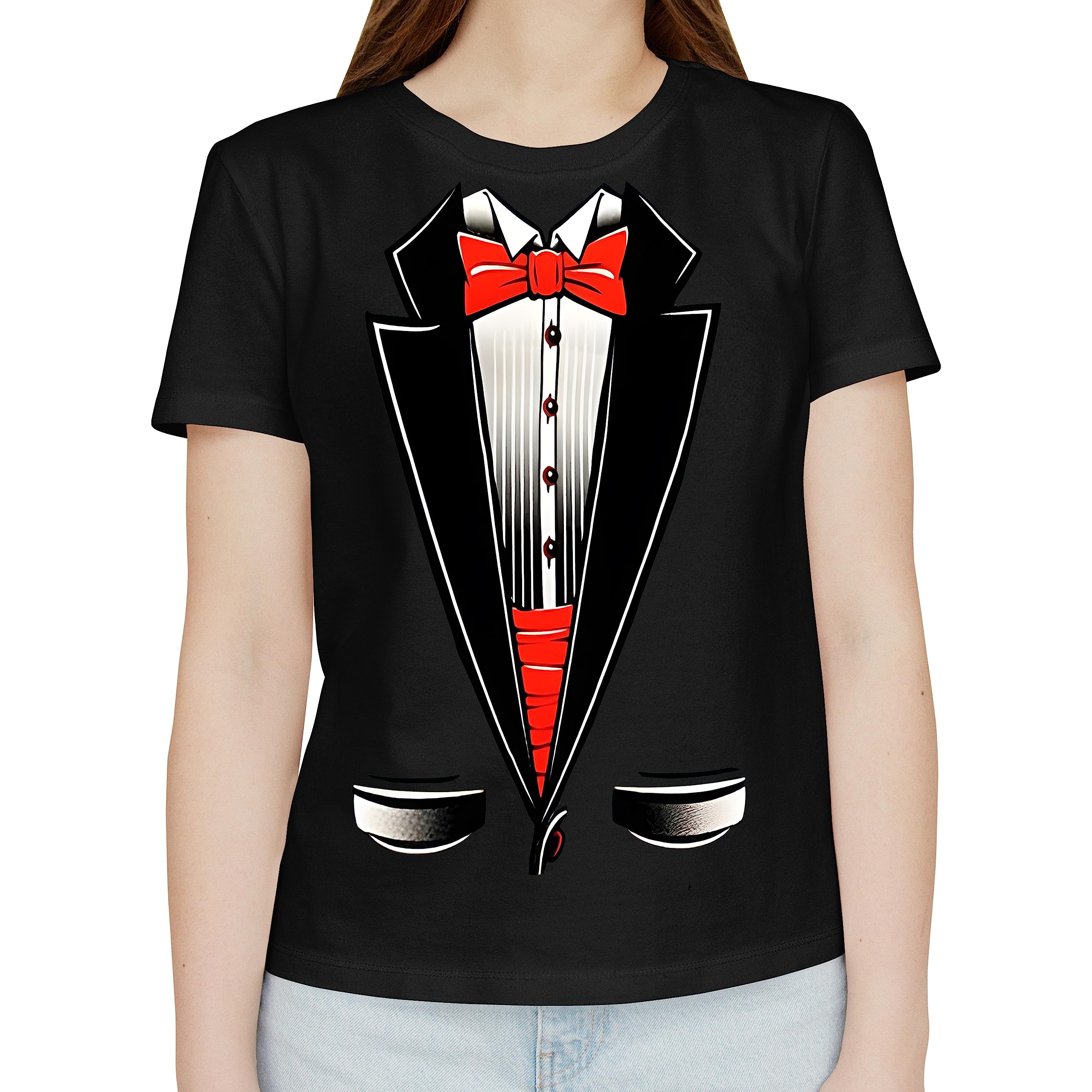 Fresh Tees Unisex Tuxedo Shirt with Red Bowtie - Funny Formal T-Shirt for Women & Men | Perfect for Costume Parties, Office Pranks and Casual Wear