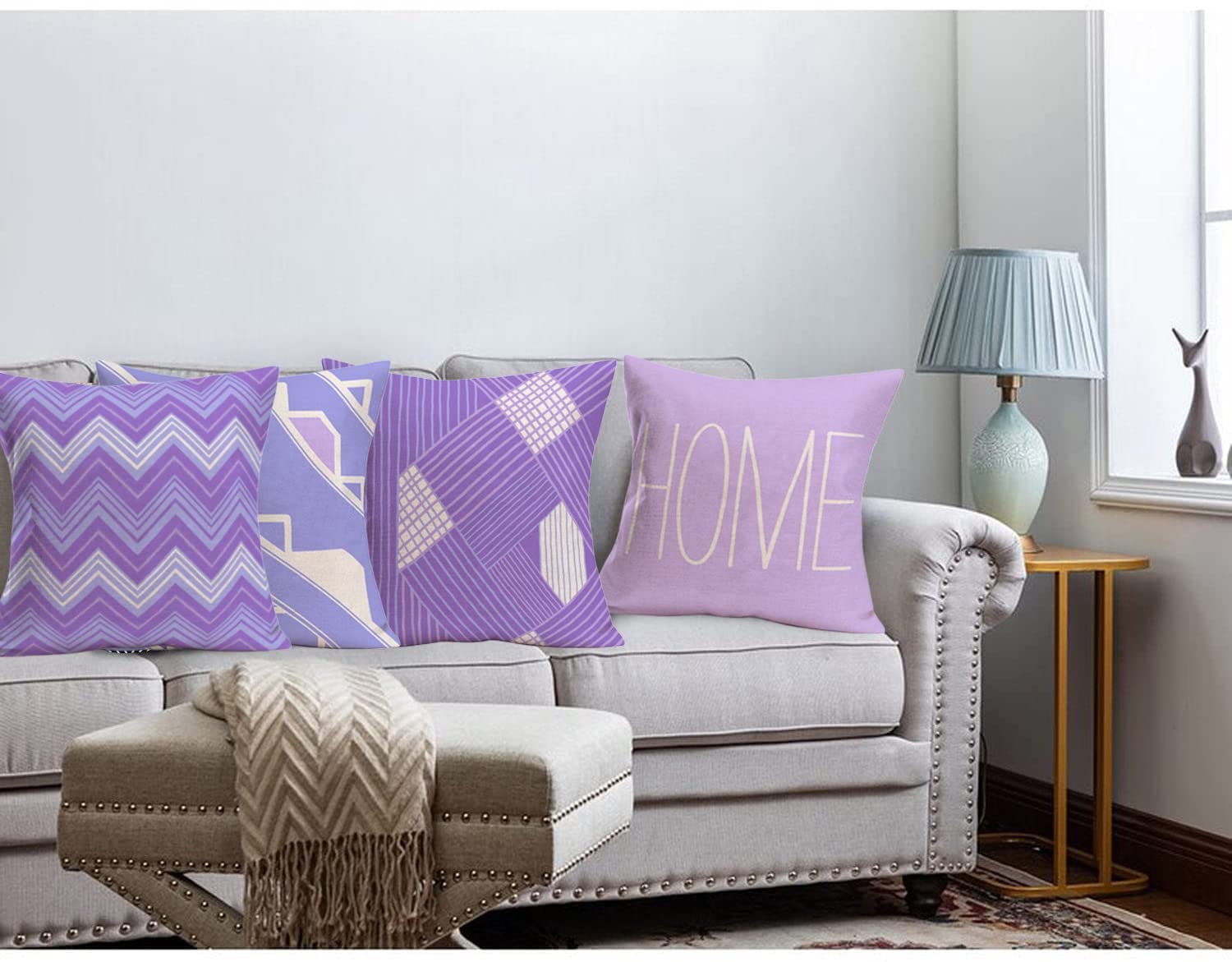 Xihomeli Modern Abstract Purple Geometric Throw Pillow Covers Set of 4 - 18x18 Inch Cotton Linen Cushion Cases with Triangle Wave, Stripes & Arrow Design - Perfect for Living Room Sofa, Bedroom Decor & Home Sweet Home Quotes