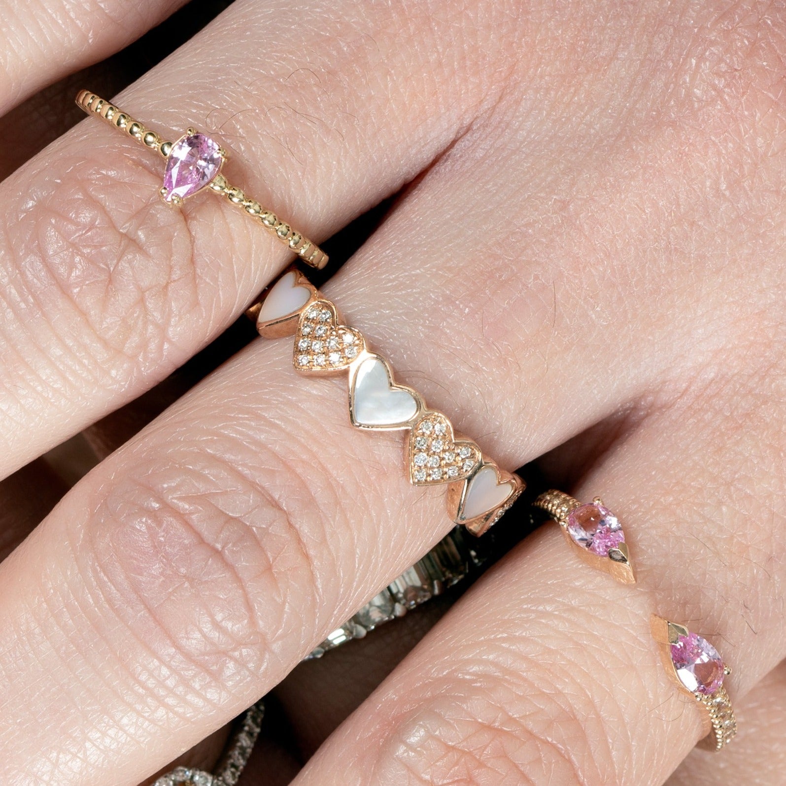 14k Rose Gold Diamond and Mother of Pearl Heart Eternity Band Ring - Romantic Wedding, Anniversary, or Valentine's Day Gift for Her