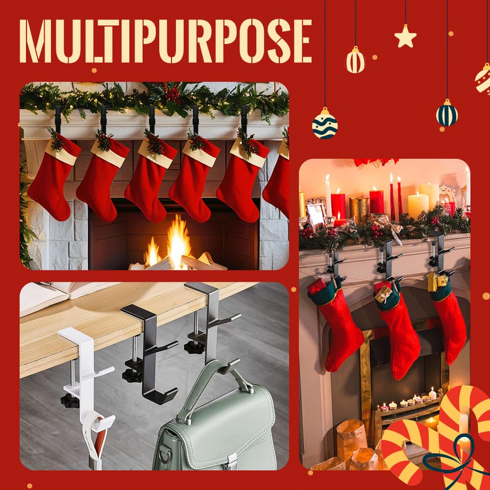 2 in 1 Adjustable Fireplace Stocking Hooks & Garland Hangers - Heavy Duty Mantel Holders for Christmas Decor (Black, 4PCS) - Perfect for Holiday Mantle Decorations, Fireplace Stocking Display, and Double Door Garland Hanging