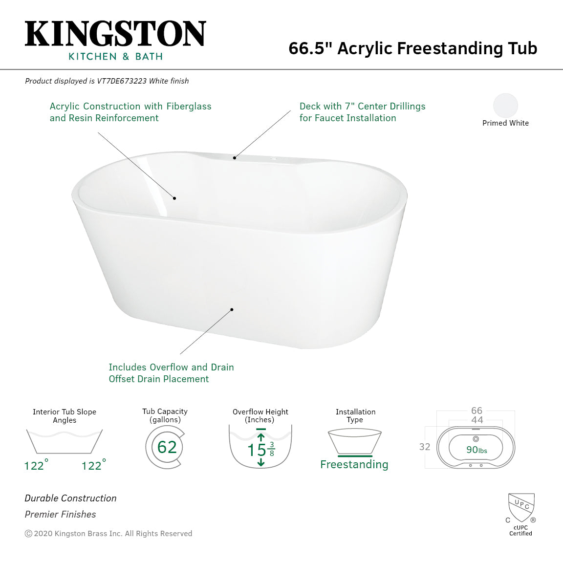 Aqua Eden VT7DE673223 66.5-Inch Freestanding Acrylic Oval Bathtub with Drain - Glossy White - Perfect for Modern Bathrooms & Spa-Like Retreats