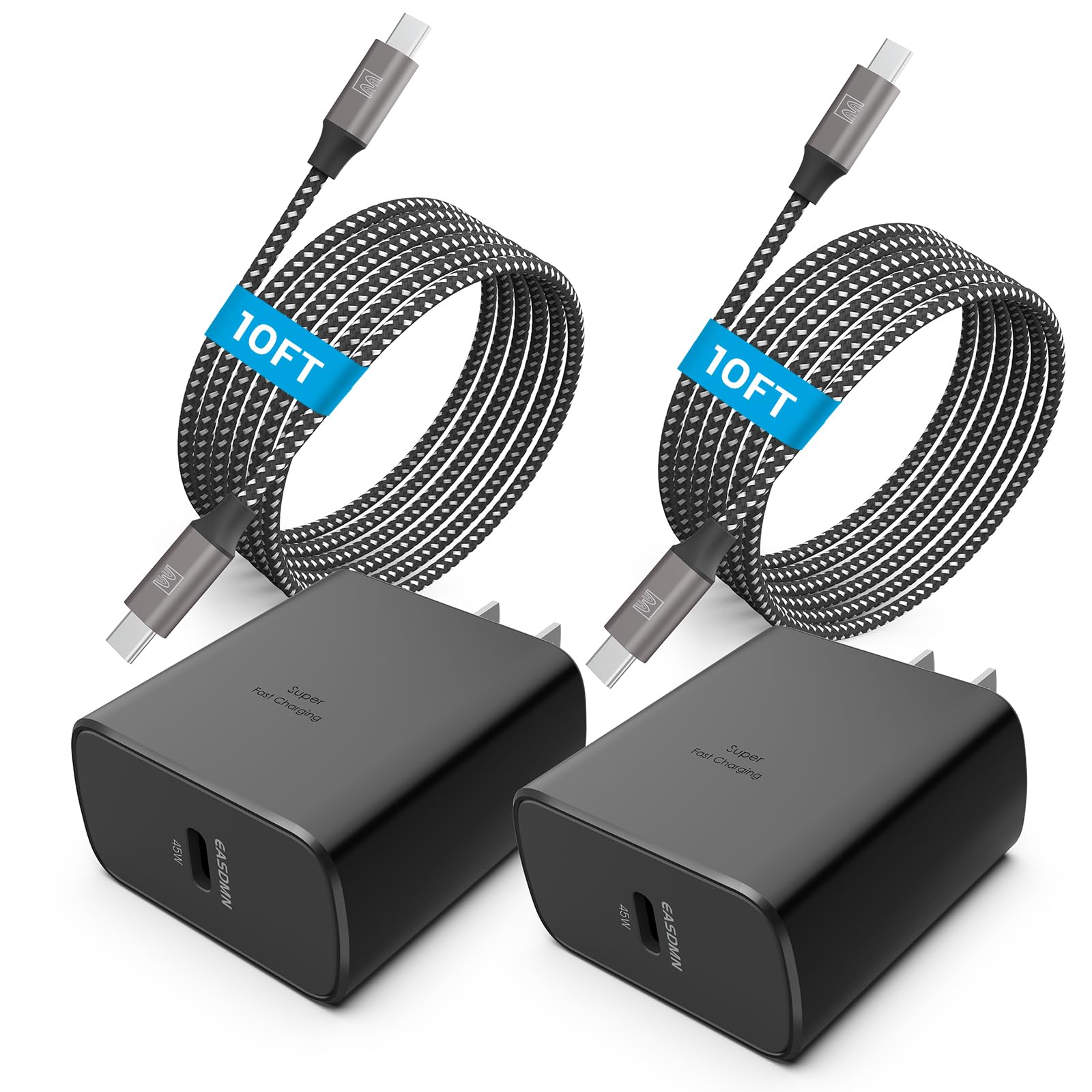 45W Super Fast USB-C Wall Charger [2 Pack] - PD/PPS Charging Block for Samsung Galaxy S23/S22/S20 Ultra, Note 10 Plus & Tab S8 - Includes 2X 10ft Cables - Perfect for Home, Office & Travel Charging