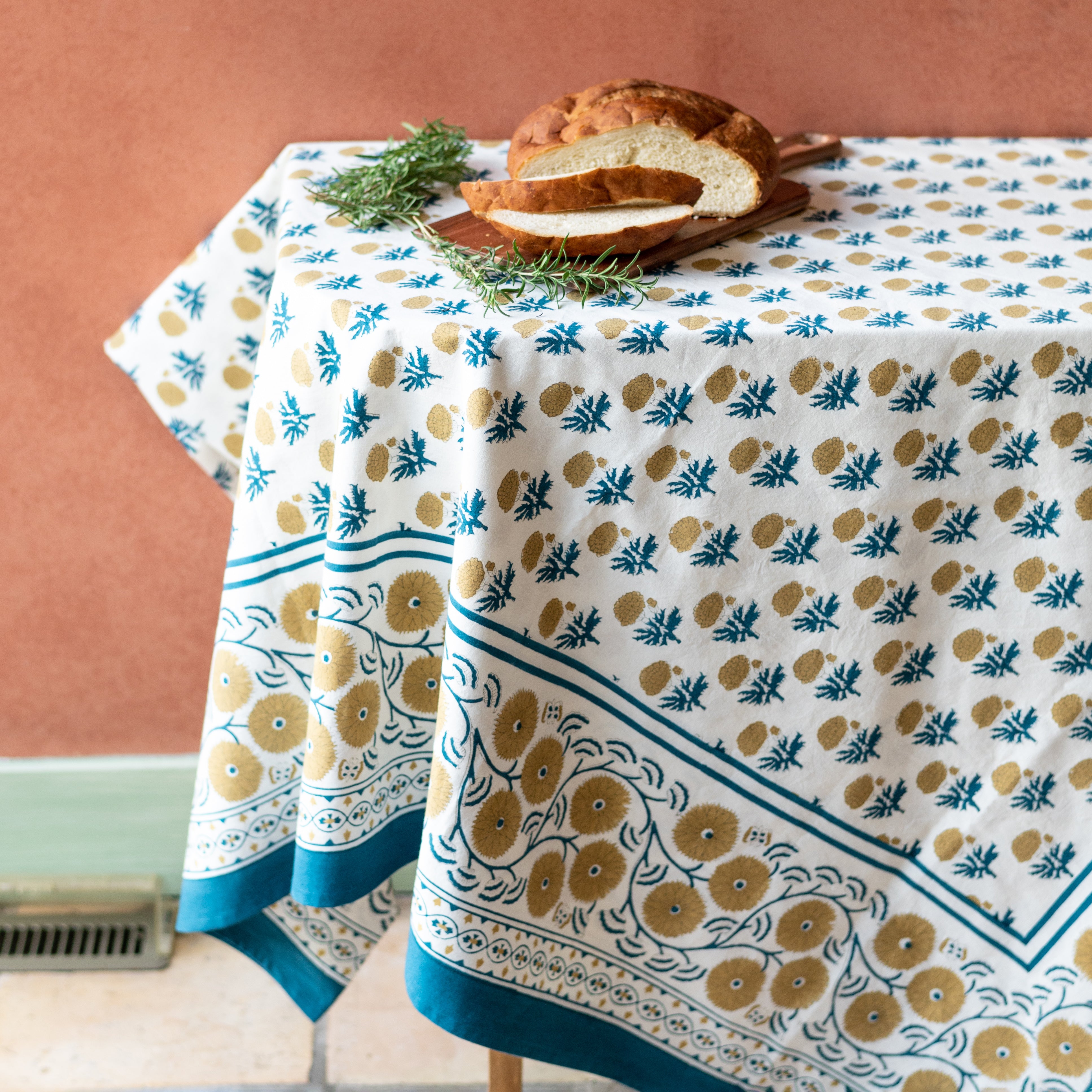 Gaya Teal & Marigold Tablecloth - Waterproof Polyester Table Cover for Dining, Party, Wedding - 60x90 Inches Rectangular Table Cloth for Indoor & Outdoor Use