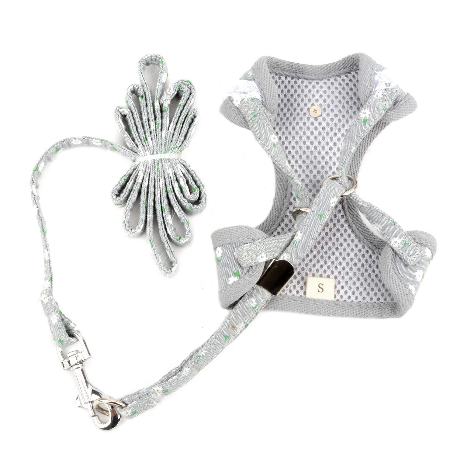 Escape-Proof Small Dog Vest Harness & Leash Set - Soft Mesh Padded Adjustable Puppy Summer Clothes with Lace Trim Collar Bell (Grey Flowers, Small) - Perfect for Walking, Training, and Outdoor Adventures with Your Kitten or Cat