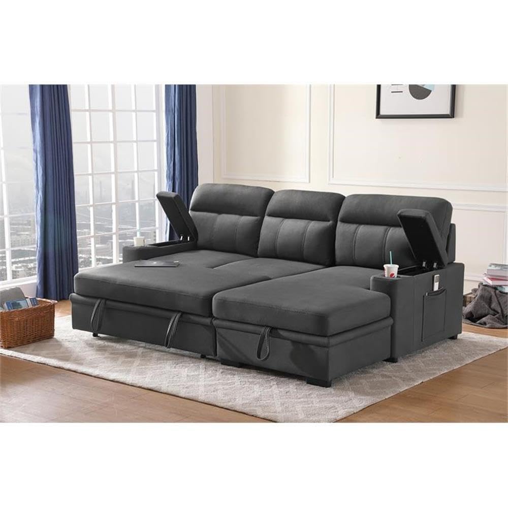 MAKLAINE Modern Microfiber Sectional Sofa with Chaise, Storage & Cup Holders - Gray Contemporary Sleeper Sofa for Living Room, Home Theater & Small Spaces