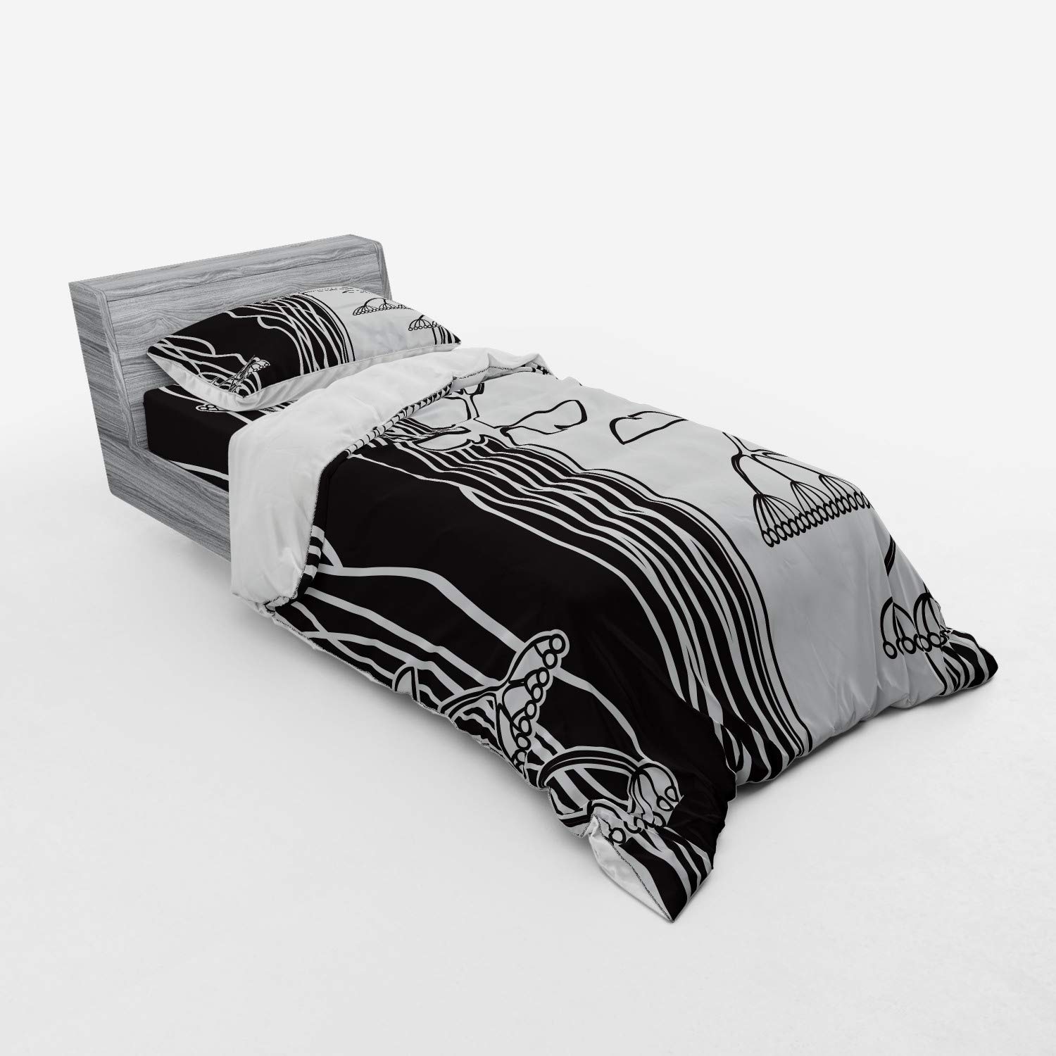 Ambesonne Black and White 3-Piece Duvet Cover Set with Sham & Fitted Sheet - Twin XL Size, Abstract Botanical Print, Monochrome Garden Design - Perfect for Modern Bedrooms, Guest Rooms & Dorm Decor