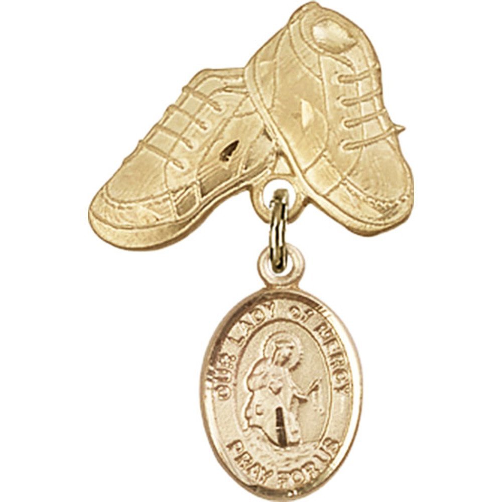 Bonyak Jewelry Gold Filled Saint Medal Charm - Our Lady of Mercy & Baby Boots Pin (1 X 5/8 inches) - Religious Jewelry for Baptism, First Communion & Christening Gifts