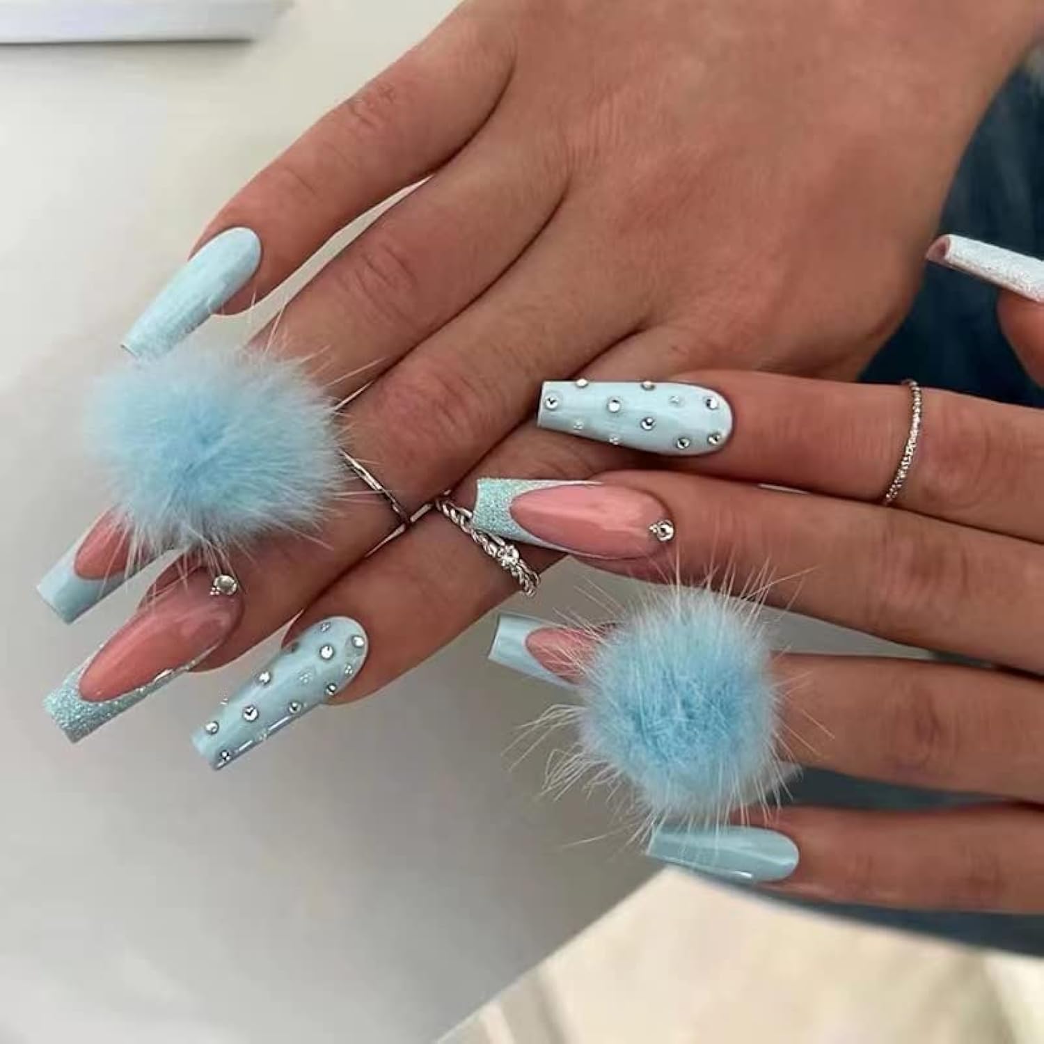 Valentine's Day Long Coffin Press On Nails - 24Pcs Full Rhinestone False Nails | Ballet & Trapezoid Fake Nails for Women | Perfect for Date Night, Bridal Shower & Special Occasions