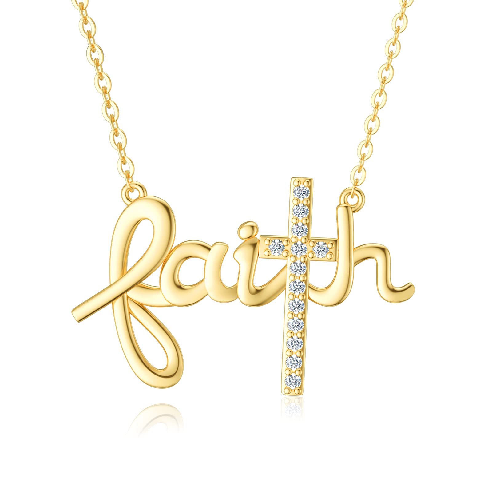 14K Gold Faith Cross Necklace for Women - Moissanite Religious Pendant with 16+2 Inch Chain - Hope Believe Jewelry Gift for Mom, Wife - Perfect for Anniversary, Birthday & Mother's Day - Church, Wedding & Everyday Wear