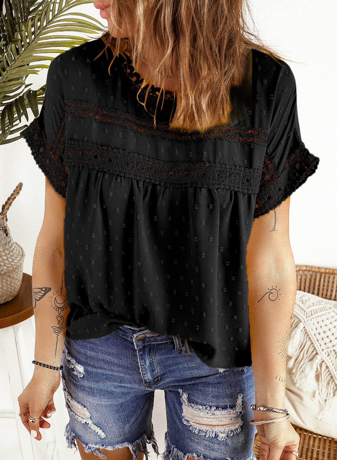 Dokotoo Women's Summer Tops - Lace Crochet Crewneck Short Sleeve Shirts, Casual Chiffon Blouses for Beach, Vacation & Everyday Wear