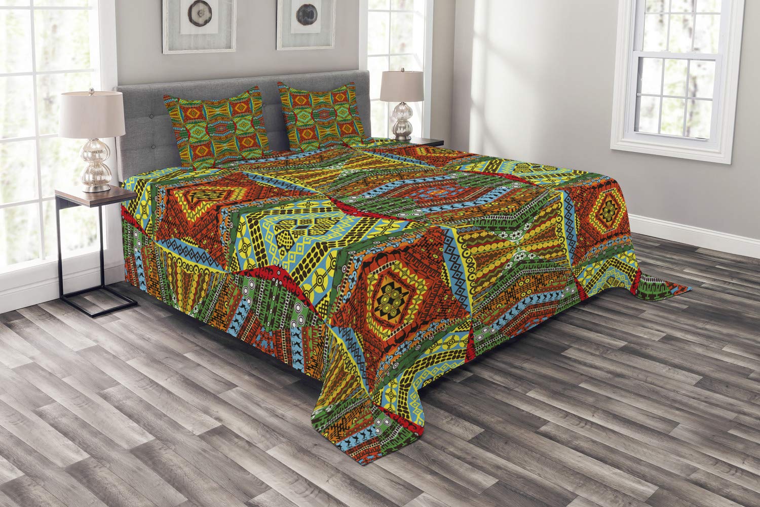Ambesonne African Bedspread Set - 3 Piece Traditional Cultural Bedding with 2 Pillow Shams, King Size Multicolor Tribal Motif Coverlet | Perfect for Ethnic Home Decor, Boho Bedroom Styling & Cultural Theme Parties