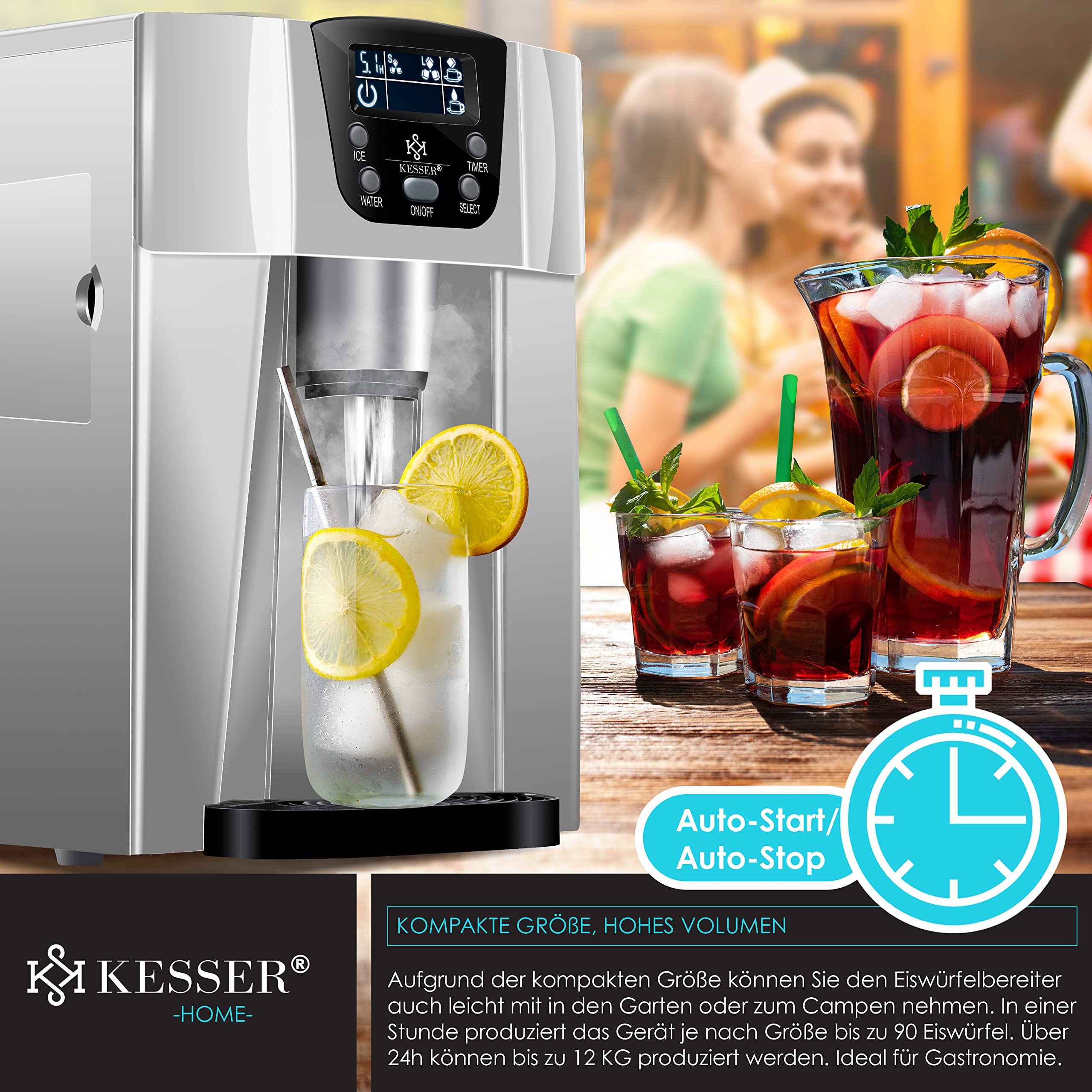 KESSER® Stainless Steel Ice Maker Machine - 100W, 12kg/24h, 2 Ice Cube Sizes, 6-Minute Fast Freeze, 2L Water Tank - Perfect for Home, Office, Parties & Outdoor Use