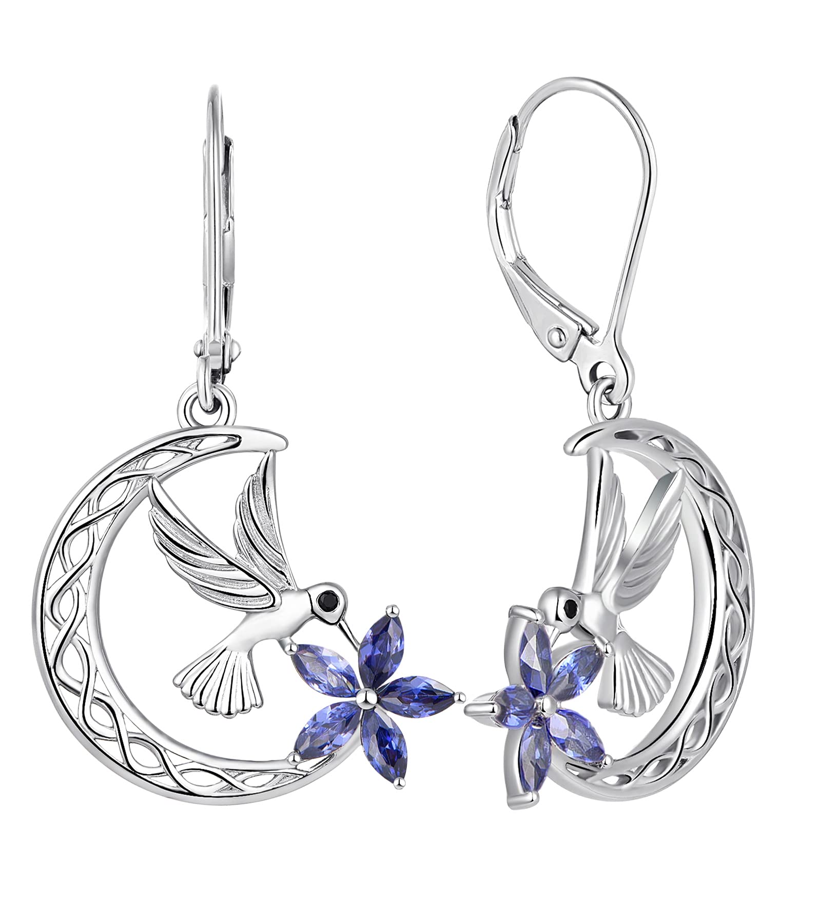 Sterling Silver Celtic Moon Flower Hummingbird Dangle Drop Earrings with Birthstone - Leverback Jewelry for Women - Perfect for Weddings, Parties & Everyday Wear