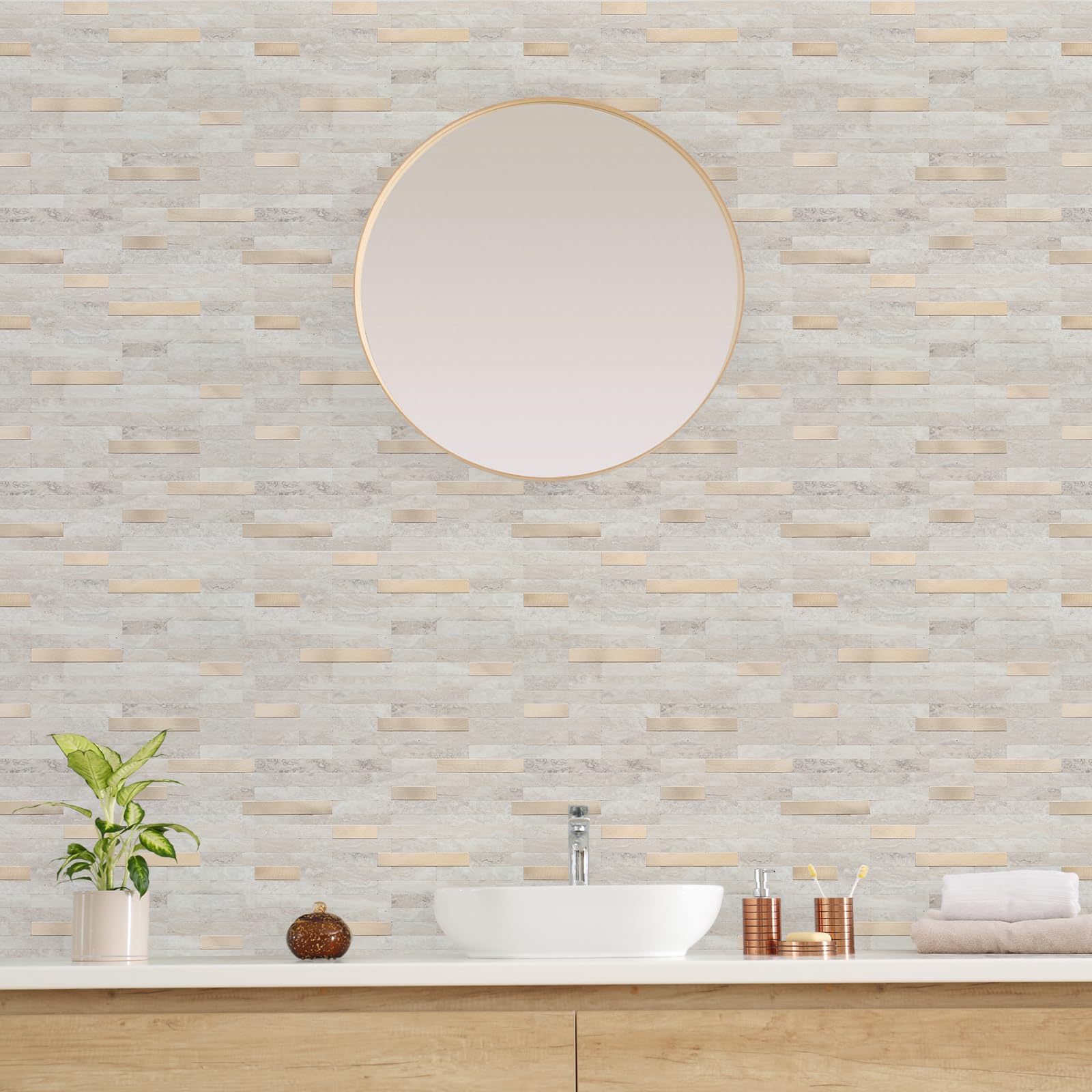 STICKGOO Peel and Stick Backsplash Tiles - 10 Pack Beige with Gold Metallic Finish - Self-Adhesive PVC Kitchen Wall Tile Backsplash - Easy DIY Installation for Kitchen, Bathroom & Laundry Room