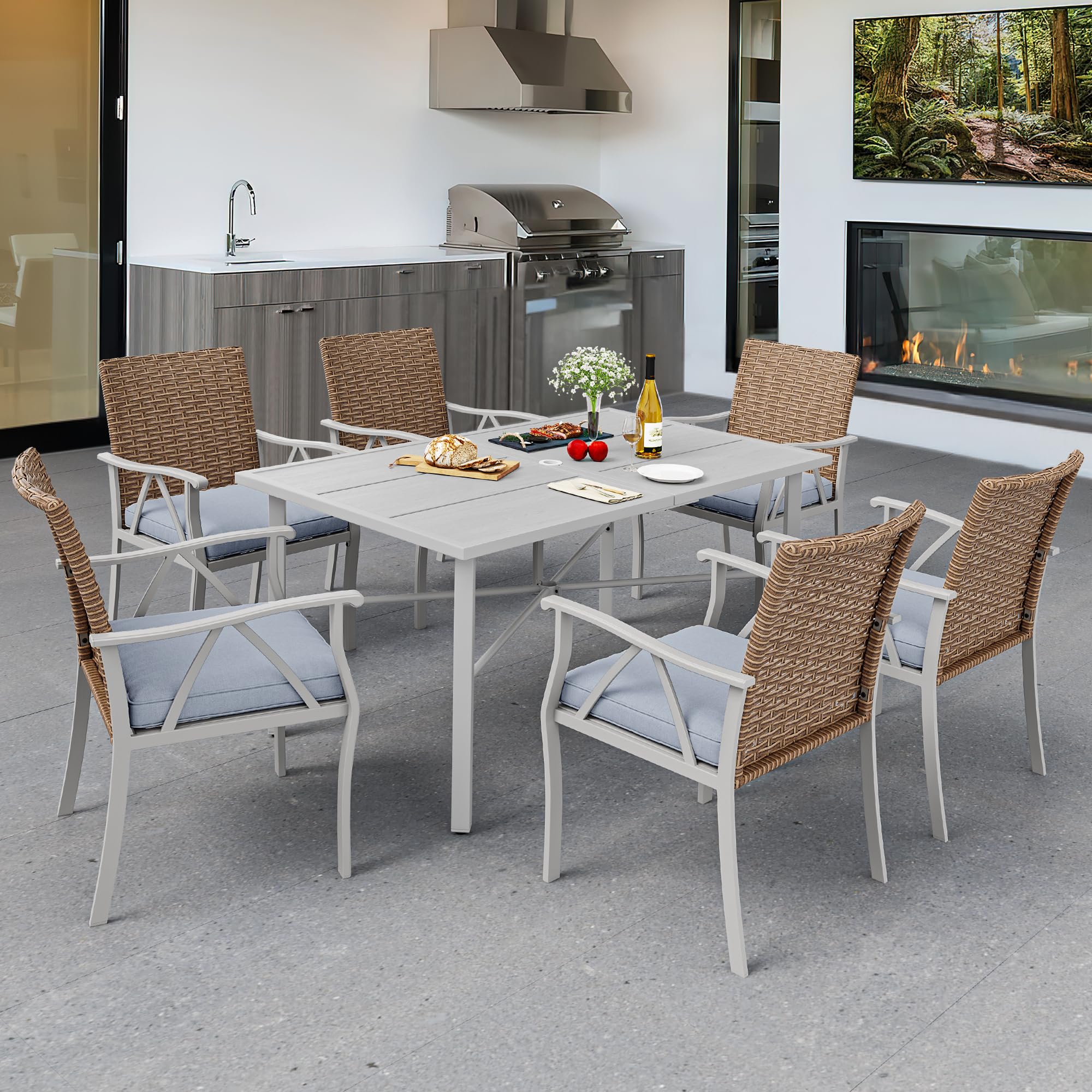 YITAHOME 59 Inch Rectangular Outdoor Patio Dining Table for 6 Person - Weather-Resistant Gray Iron Frame with 2 Inch Umbrella Hole - Perfect for Backyard, Garden, Lawn, and Poolside Dining