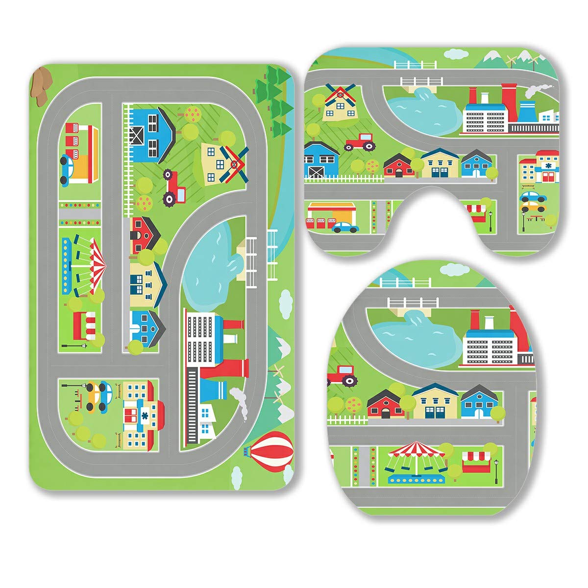 ABPHQTO 3-Piece Bathroom Rug Set - Non-Slip Car Track Design with Contour Mat & Toilet Lid Cover | Soft Microfiber Bath Mat for Modern Home Decor (Grey, 17x24 Inch) - Perfect for Bathrooms, Powder Rooms & Guest Suites