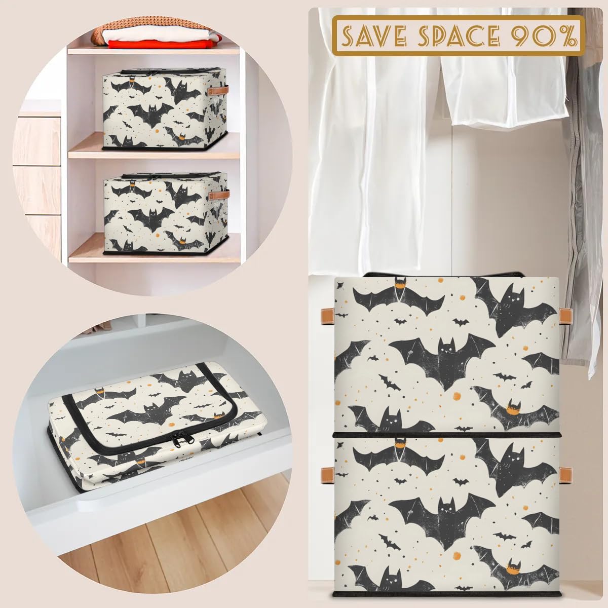 Collapsible Storage Bins with Lids - Halloween Bat Design Stackable Fabric Storage Cubes for Clothes, Toys, Blankets | Dustproof Closet Organizer for Home, Bedroom & Nursery Organization