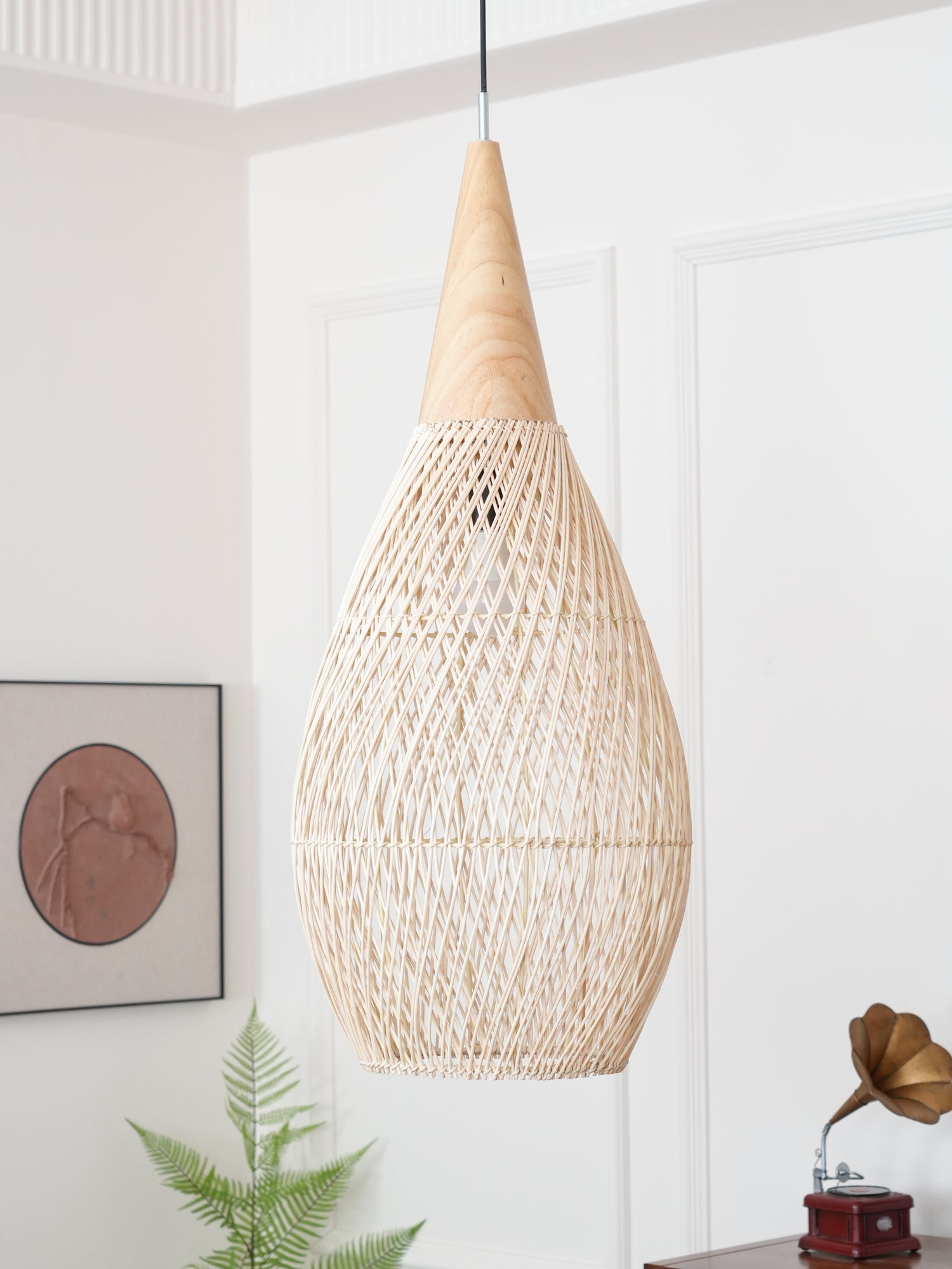 Handwoven Rattan Pendant Light - Boho Ceiling Lamp for Living Room, Bedroom, or Patio Decor - Natural Woven Chandelier for Indoor/Outdoor Use