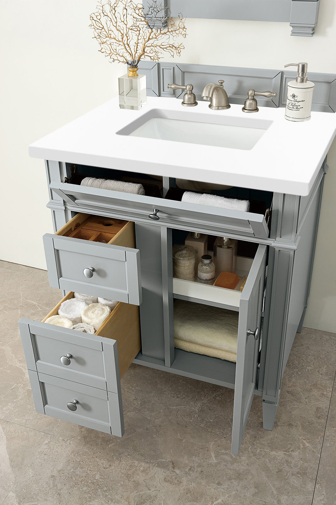 Brittany 30-Inch Single Bathroom Vanity in Urban Gray with 3CM White Zeus Quartz Countertop - Perfect for Modern Small Bathrooms & Powder Rooms