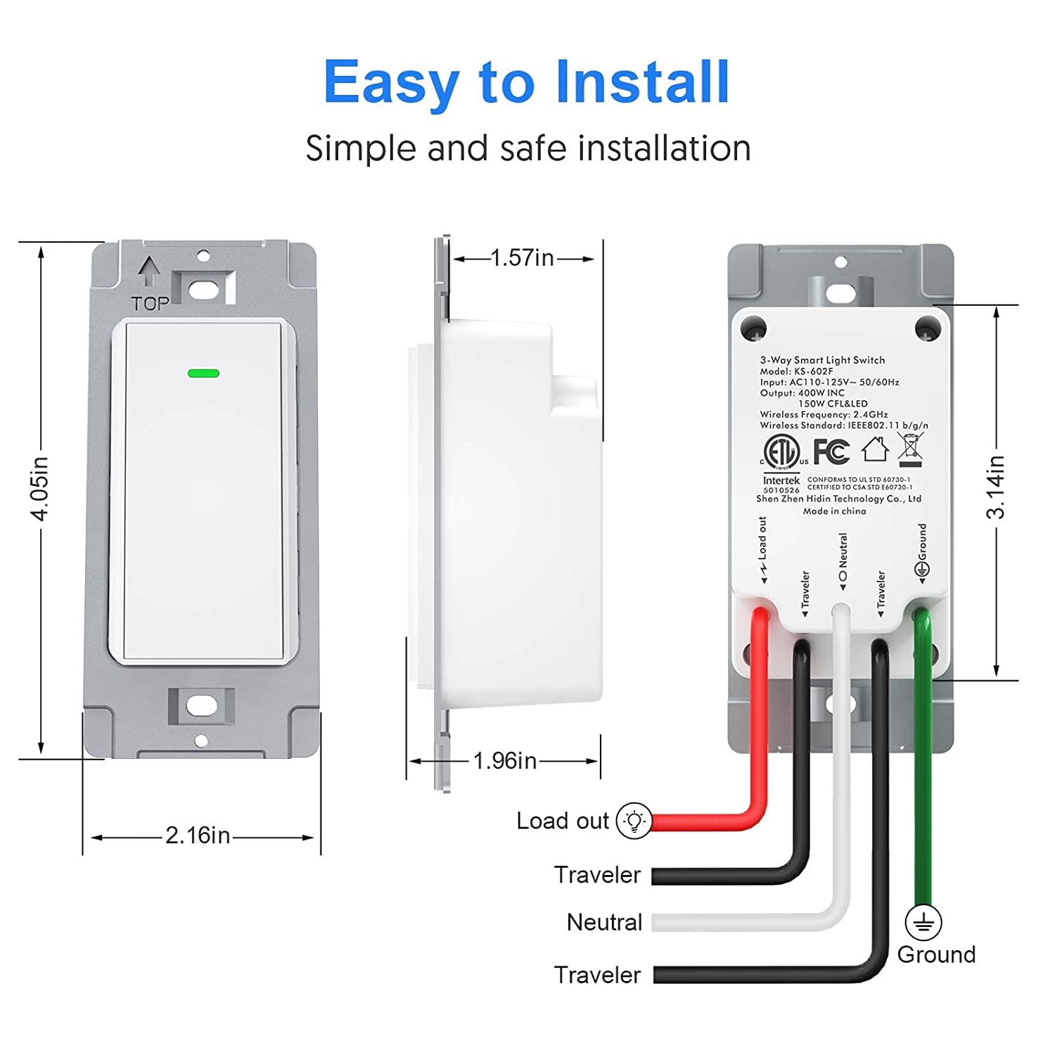 Nexete 3-Way Smart Wi-Fi Light Switch - Compatible with Amazon Alexa & Google Assistant, No Hub Required, Timer Function - Perfect for Home Automation & Smart Lighting Control (1-Pack)