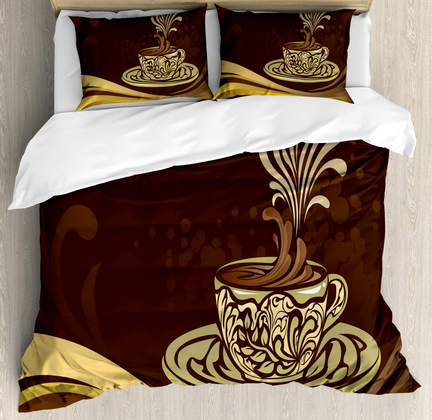Ambesonne Vintage Coffee Duvet Cover Set - Queen Size 3-Piece Bedding with Ornamental Mug Design, Brown & Multicolor Floral Pattern - Perfect for Coffee Lovers' Bedroom Decor & Cozy Home Styling