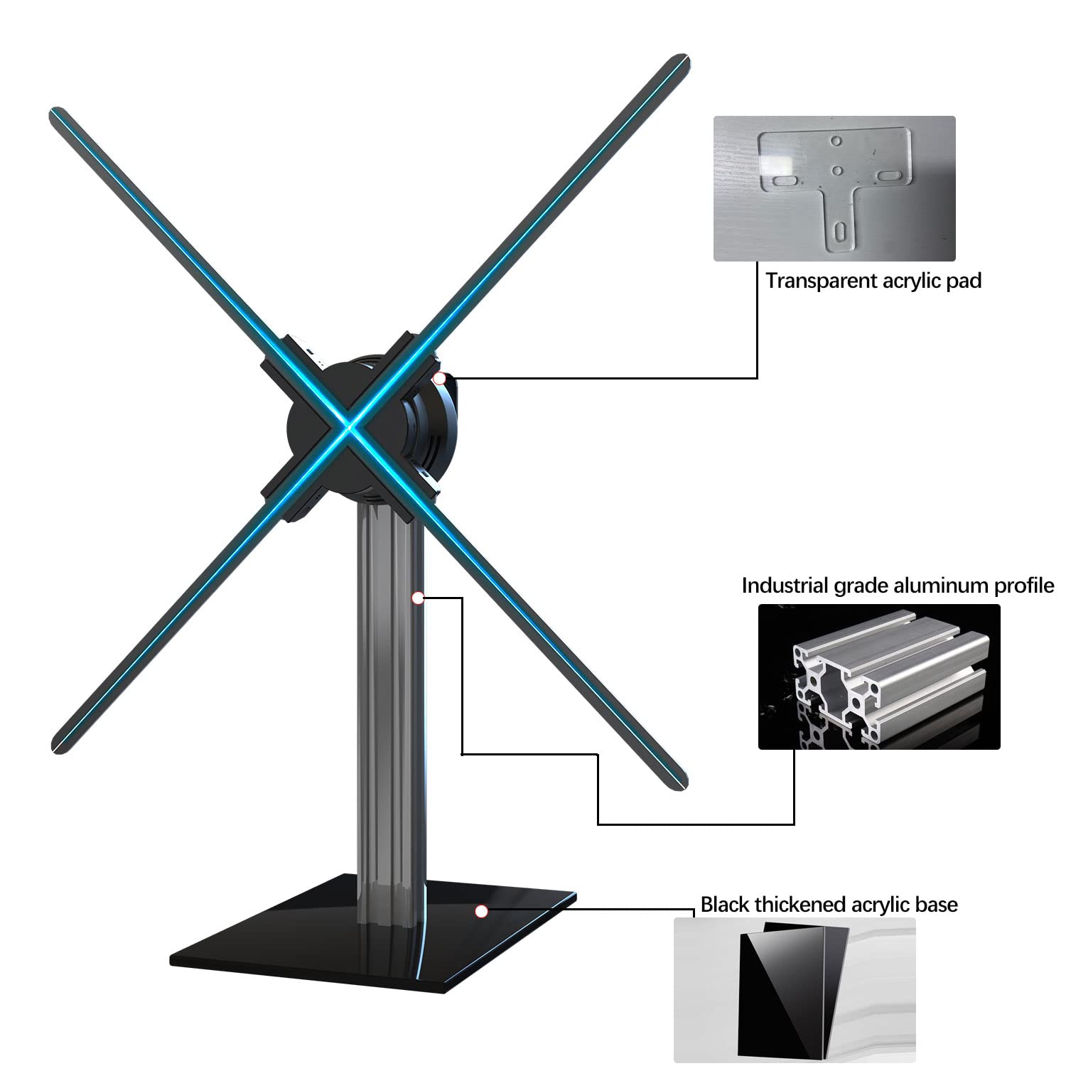 Missyou 3D Hologram Fan Desktop Stand - Aluminum Alloy Frame with Tempered Glass Base - Fits 27.5