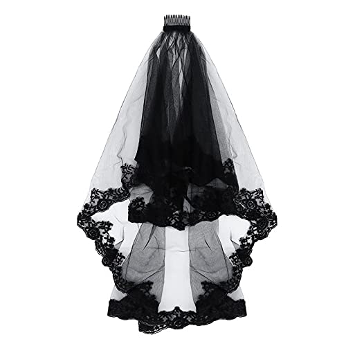 Elegant Double Layer Black Lace Wedding Veil for Bride - Long Thick Bridal Veil with Exquisite Lace Appliques - Perfect for Wedding Ceremony, Bridal Portraits & Formal Events