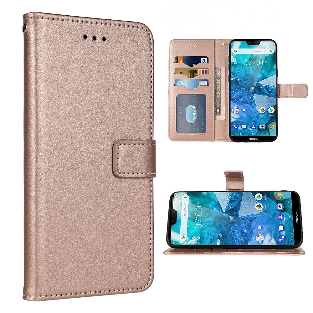 Premium Leather Wallet Case for Nokia 7.1 (TA-1085) - Flip Cover with Card Holder, Wrist Strap & Stand | Rose Gold Folio Phone Case for Women & Men | Perfect for Work, Travel & Daily Protection