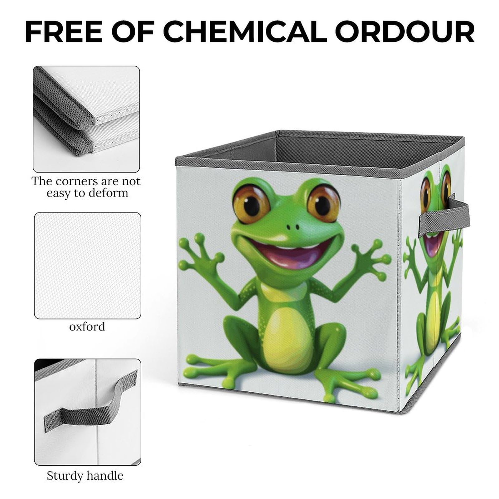 Collapsible Storage Cubes with Handles - 10.6×10.6 Inch Foldable Fabric Bins for Home Organization (Green Frog Print) - Perfect for Kids' Toys, Closet Storage & Nursery Decor