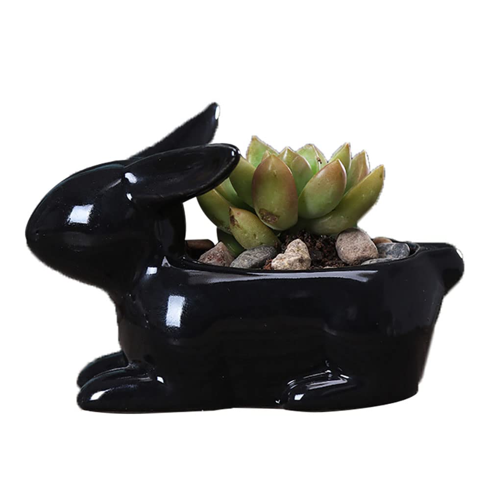 Rabbit Flower Pot Statue - Ceramic Garden Planter & Desktop Decor for Office, Bookshelf, or Home - Cute Animal Decoration (Black) | Perfect for Indoor Plants, Succulents, and Home Décor