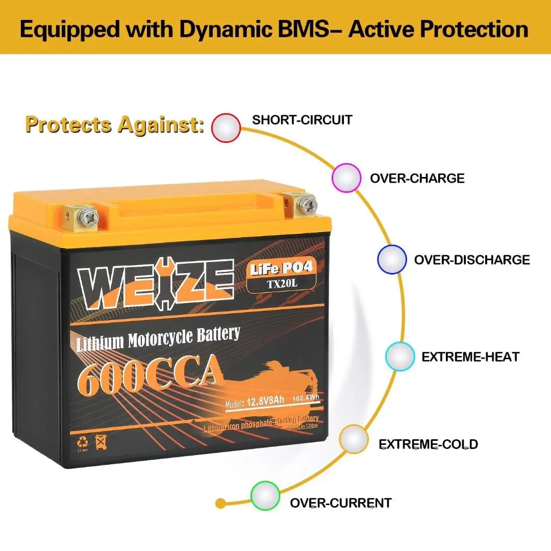 WEIZE 12V 8AH Group 20 600CCA LiFePO4 Lithium Battery for Motorcycles, ATVs, Scooters - High Performance & Long Lasting Power Solution for Outdoor Adventures