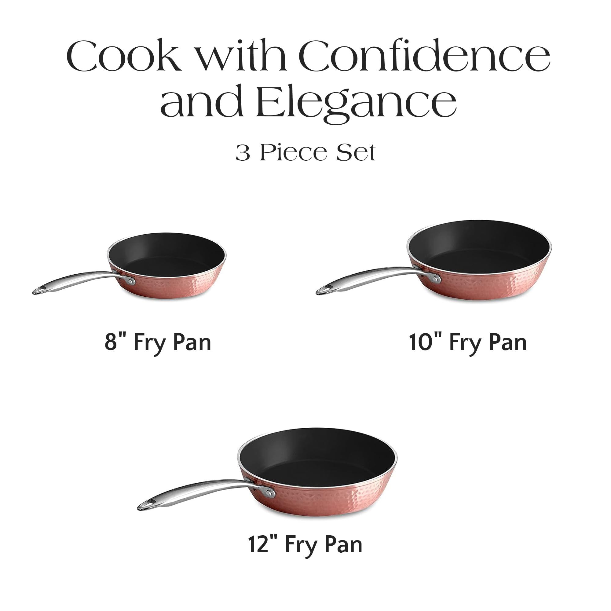Premium Non-Stick Ceramic 3-Piece Rose Gold Cookware Set - Lightweight, Scratch & Heat Resistant (500°F), Dishwasher & Oven Safe - Compatible with Gas, Electric & Induction Stoves - Perfect for Sautéing, Frying & Baking