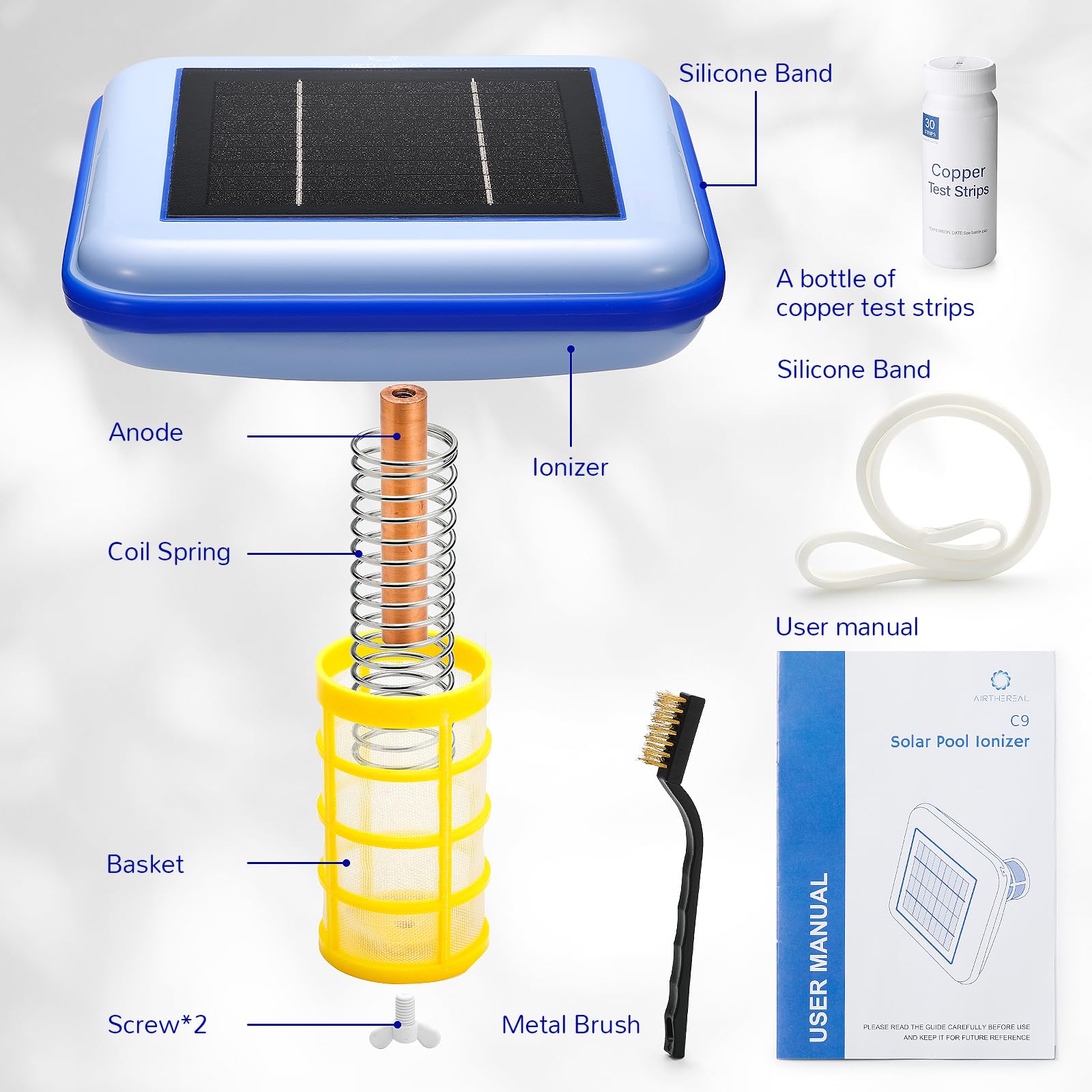 Airthereal C9 Square Solar Pool Ionizer - Chlorine-Free Water Purifier for Crystal Clear Pools, Reduces Chlorine Use by 85%, Purifies Up to 45,000 Gallons | Perfect for Inground & Above Ground Pools, Spas, and Hot Tubs [1-Pack]