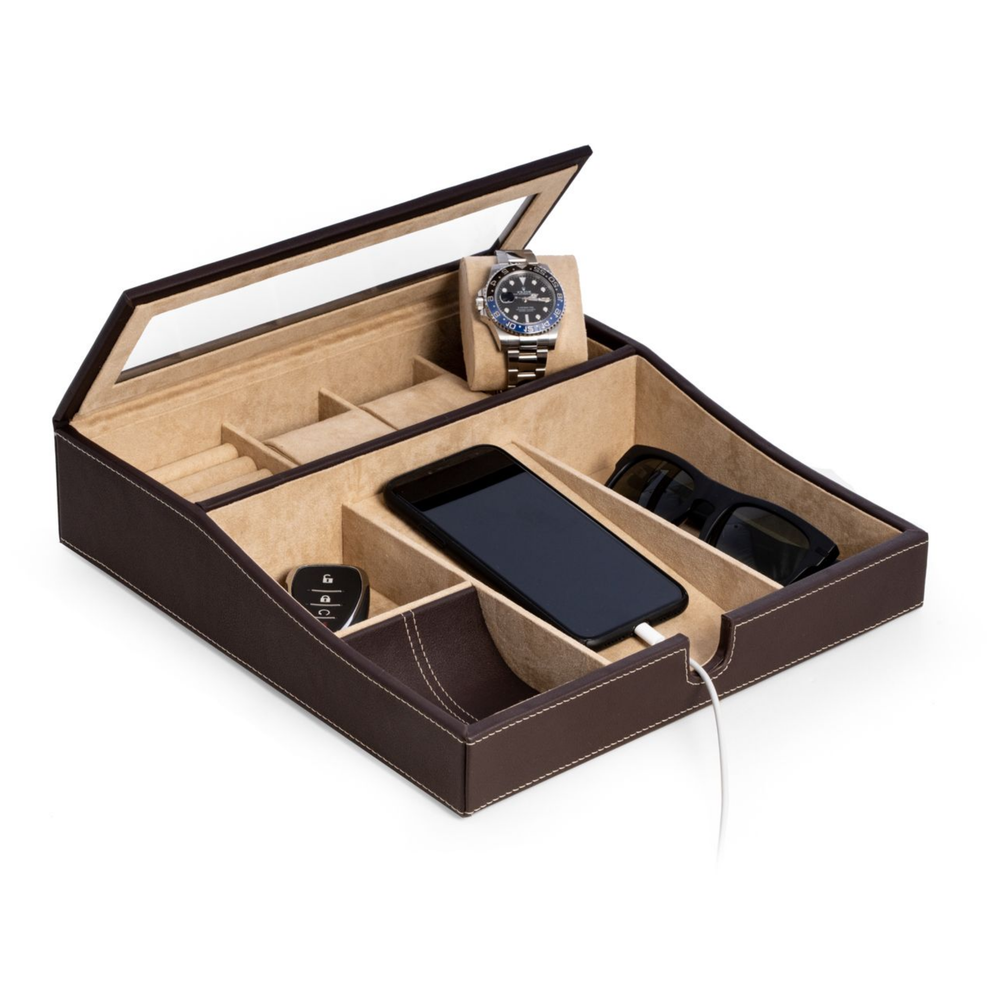 Alexander Brown Leather Valet Tray - Premium Organizer for Men's Jewelry, Watches & Keys | Perfect for Dresser Top, Nightstand & Travel Accessories Storage