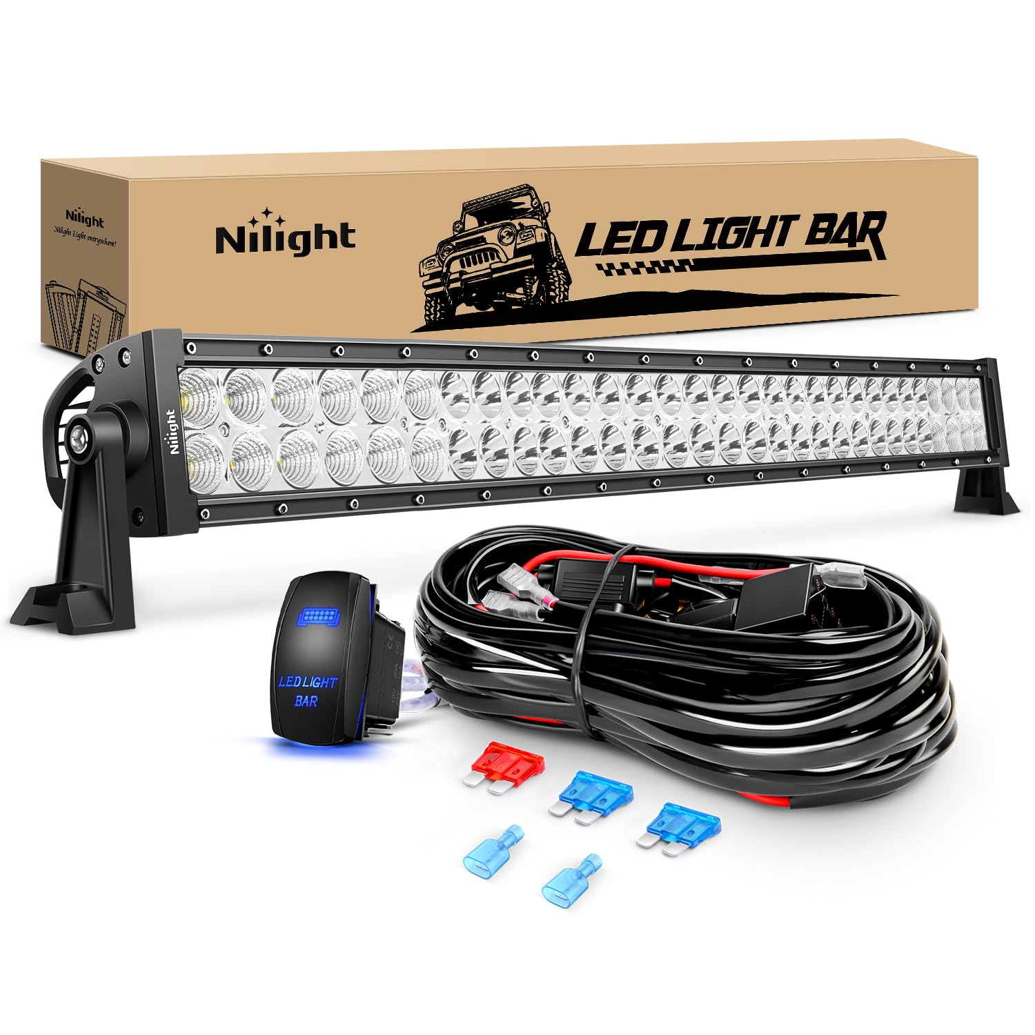 Nilight 32 Inch 180W LED Light Bar - Spot Flood Combo Off Road Lights with 5-Pin Rocker Switch & Wiring Harness Kit - 12V Waterproof for Trucks, ATVs, UTVs - 2 Year Warranty (ZH079, Clear White) - Perfect for Off-Roading, Camping & Emergency Lighting