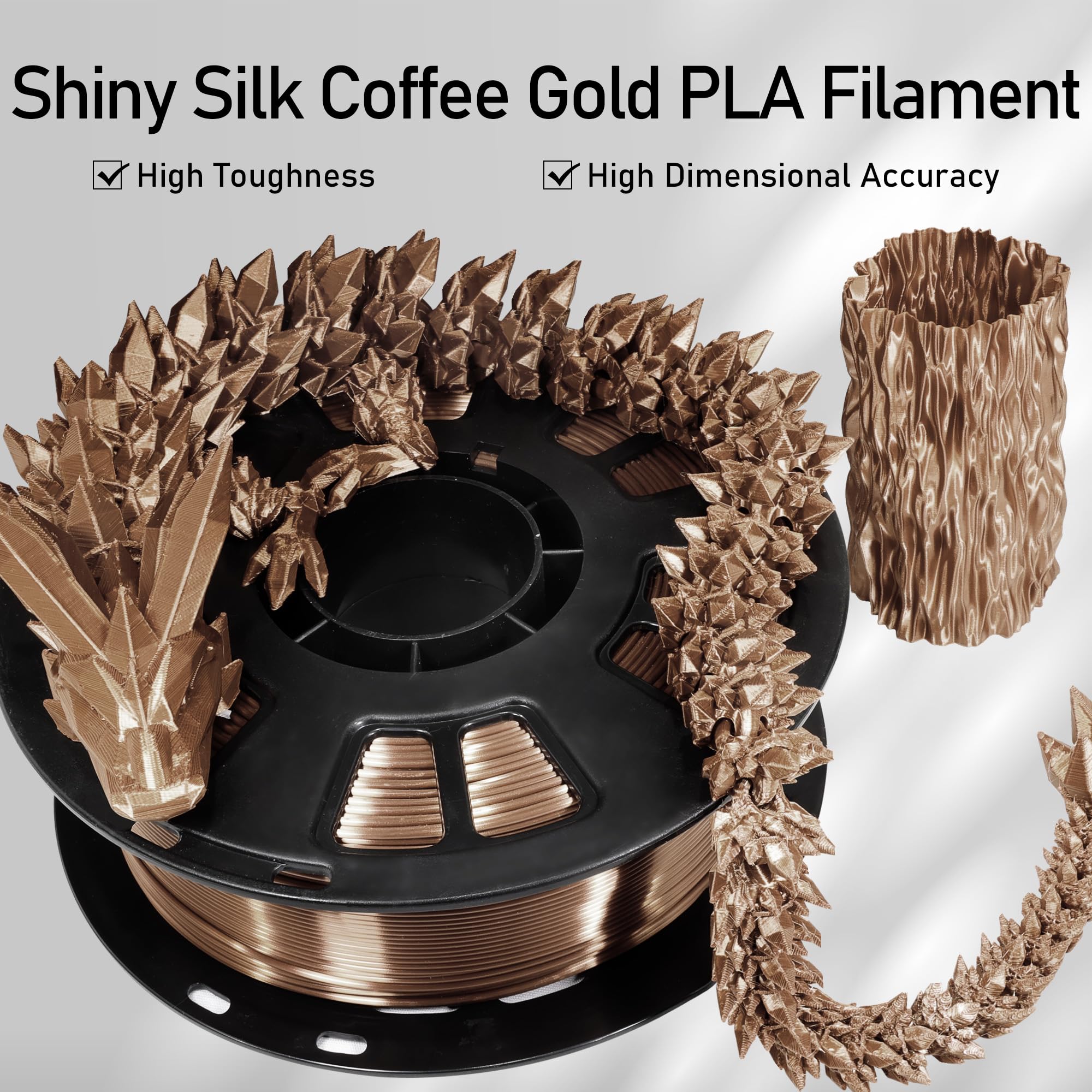 Silk Coffee PLA 3D Printer Filament - 1.75mm Diameter, 1kg Spool (2.2lbs) for FDM Printers | High-Gloss Satin Finish for Smooth Prints | Perfect for Cosplay Props, Home Decor & Artistic Creations