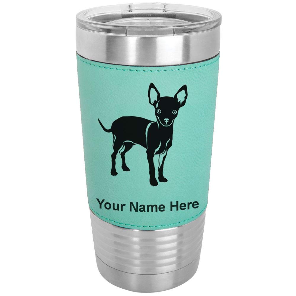 LaserGram 20oz Vacuum Insulated Stainless Steel Tumbler with Lid - Custom Engraved Chihuahua Dog Design, Leakproof Travel Mug for Coffee & Tea (Faux Leather Handle, Teal Color) - Perfect for Office, Gym, Camping & Outdoor Activities