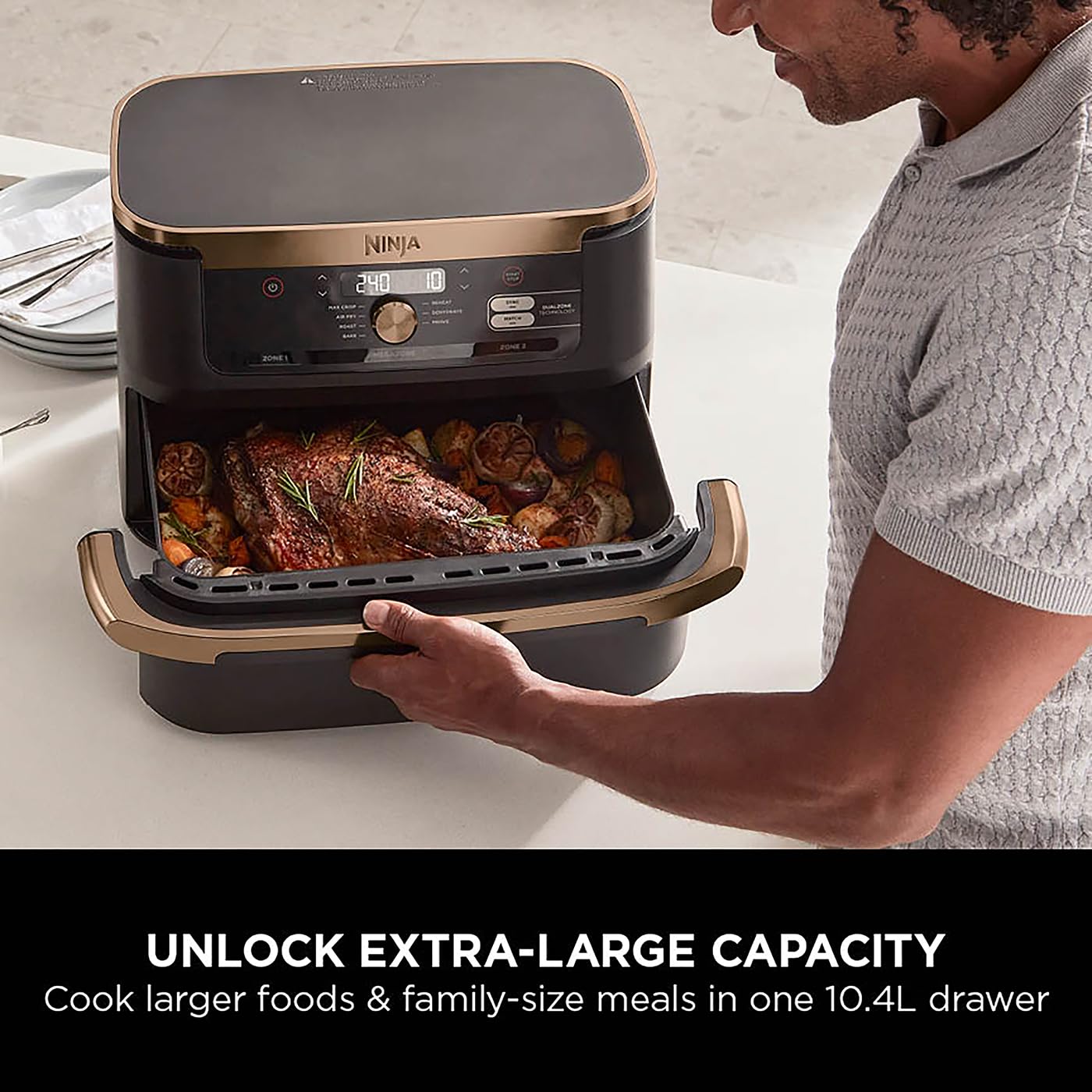 Ninja Foodi FlexDrawer Air Fryer - Dual Zone 10.4L Large Capacity with Removable Divider | 7-in-1 Multi Cooker for Air Frying, Roasting, Baking & Crisping | Non-Stick Dishwasher Safe Parts (Black/Copper) | Perfect for Family Dinners, Meal Prep & Healthy Cooking