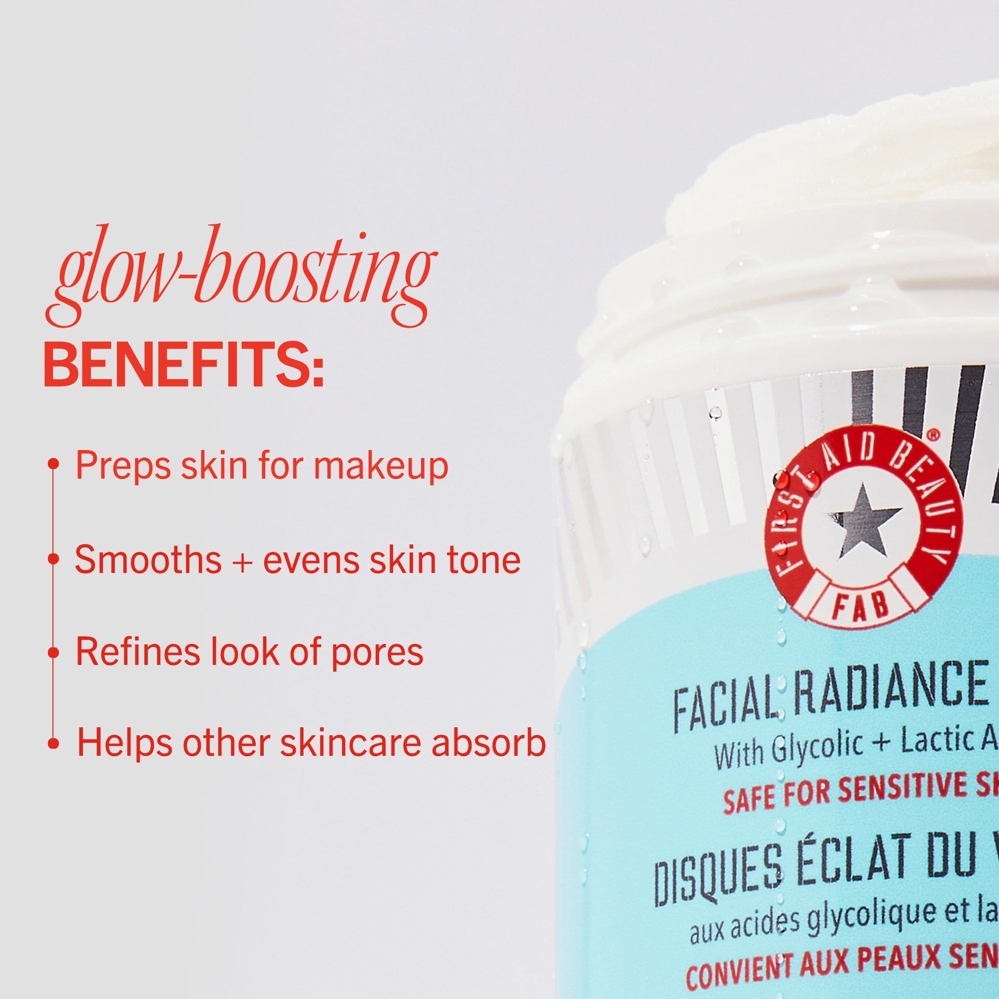 First Aid Beauty Facial Radiance Pads with Glycolic & Lactic Acids - Daily Exfoliating Pads for Brightening & Toning Skin | AHA Chemical Exfoliator for Smooth Texture | Vegan & Compostable Makeup Prep Pads (60 Count) - Perfect for Morning Skincare Routine & Pre-Makeup Application