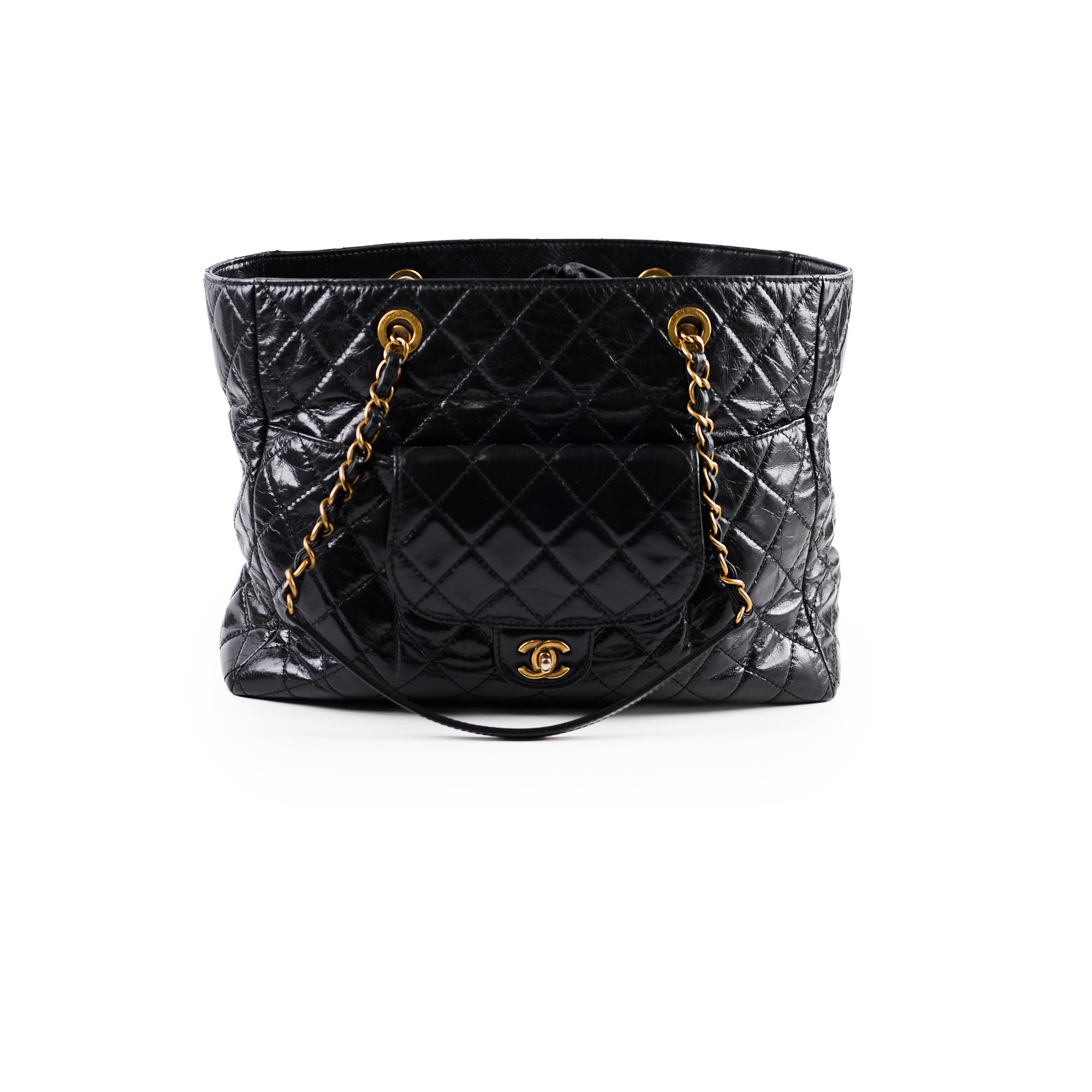 Chanel Black Shiny Calfskin Large Front Pocket Tote Bag - Luxury Designer Handbag for Women, Perfect for Work, Travel & Everyday Use