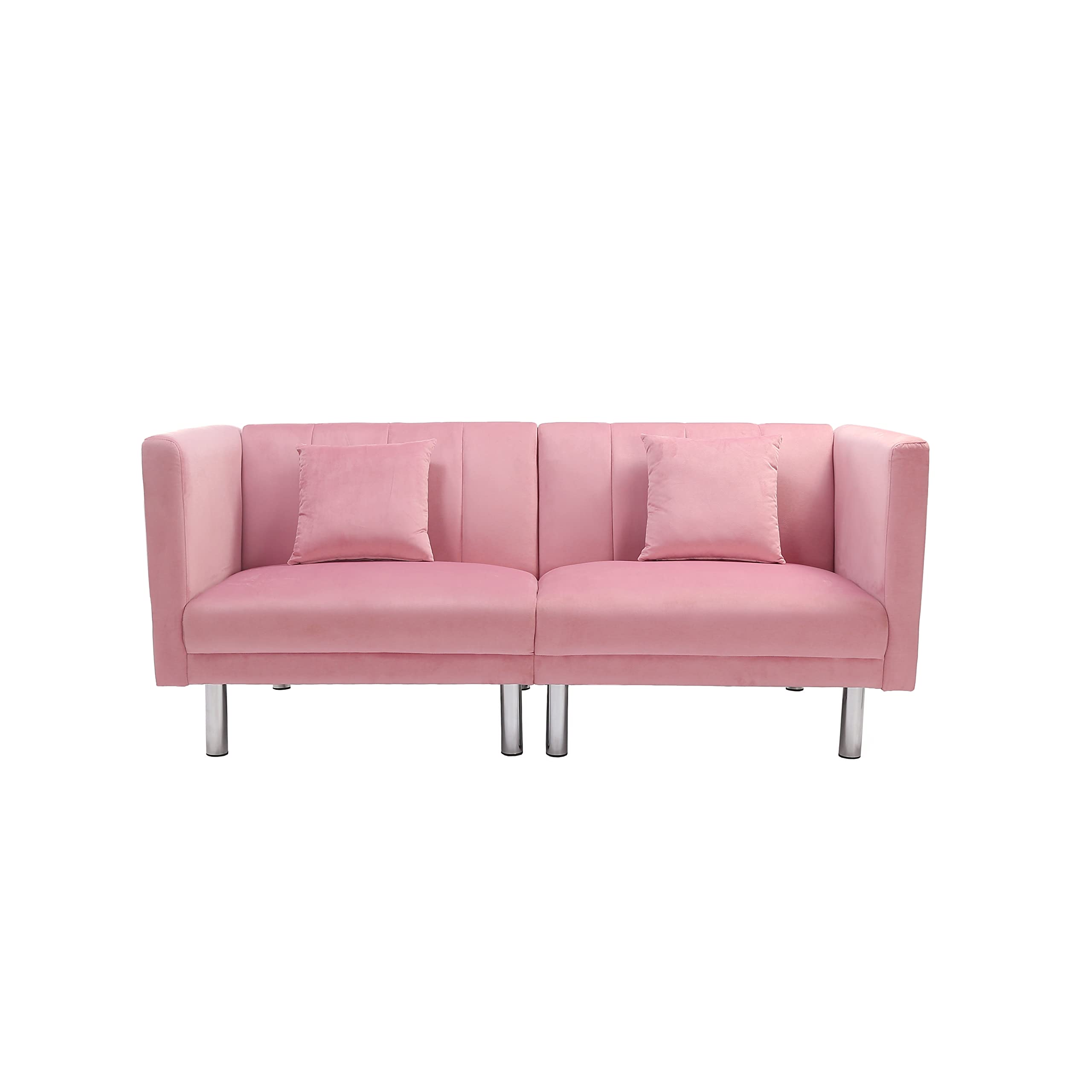 Modern Velvet Fabric Sofa Bed Futon with 2 Pillows - 3 Adjustable Angles Convertible Loveseat Sleeper Sofa for Small Spaces | Compact Living, Bedroom, Apartment, Office & Dorm Use (Pink) - Perfect for Guest Sleeping, Lounge Relaxing & Space-Saving Solutions