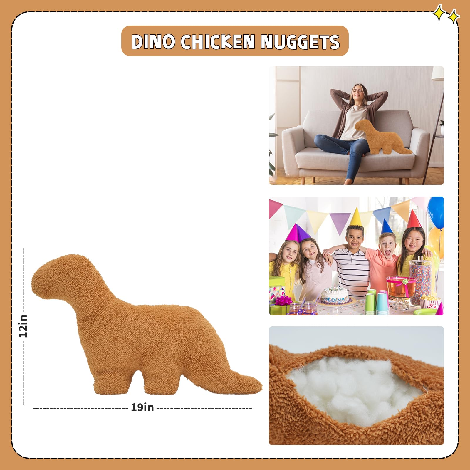 Dino Nugget Plush Toy - 19 Inch Funny Dino Chicken Nuggets Pillow, Soft Stuffed Animal Gift for Kids, Adults & Girlfriend | Perfect for Christmas, Birthday Gifts & Couch Decor