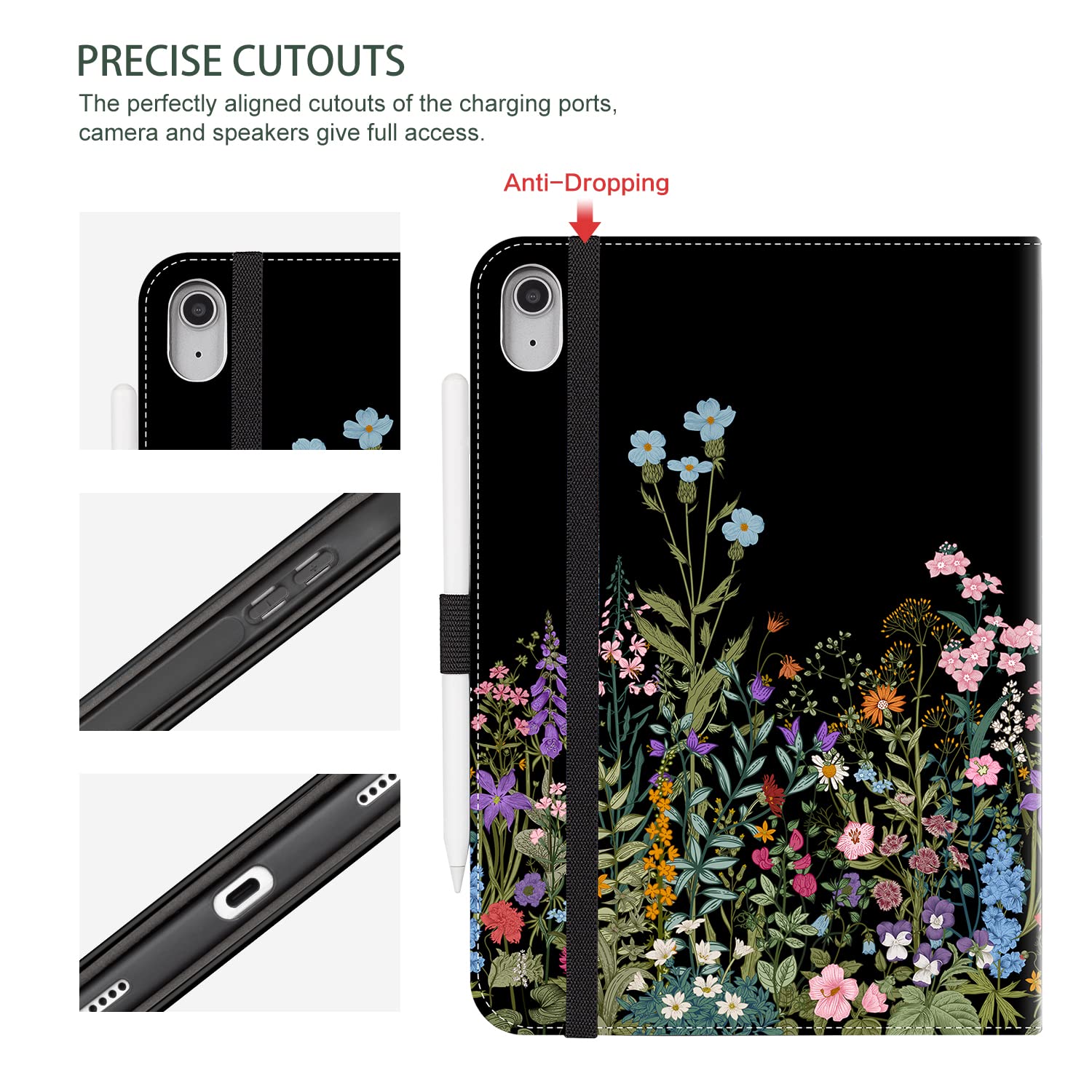 Premium iPad Case for 11th/10th Generation (2025/2022) - Floral Design with Pencil Holder, Hand Strap, Pocket & Adjustable Stand - Perfect for Work, School & Travel - Black Flower Pattern