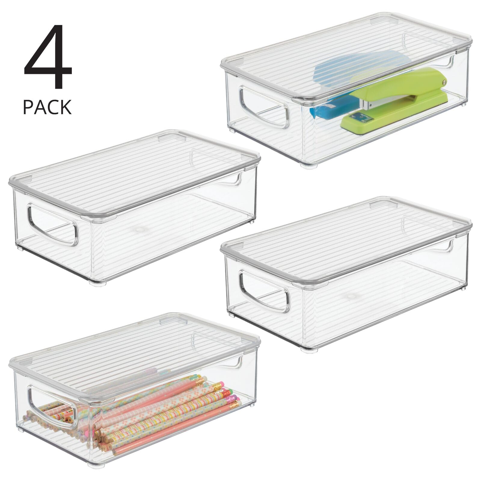 mDesign Plastic Storage Bin Box with Lid & Built-in Handles - 4 Pack Clear Organizer for Office Supplies, Pens, Pencils - Perfect for Home Office, Desk, Cabinet Organization - Ligne Collection Storage Containers