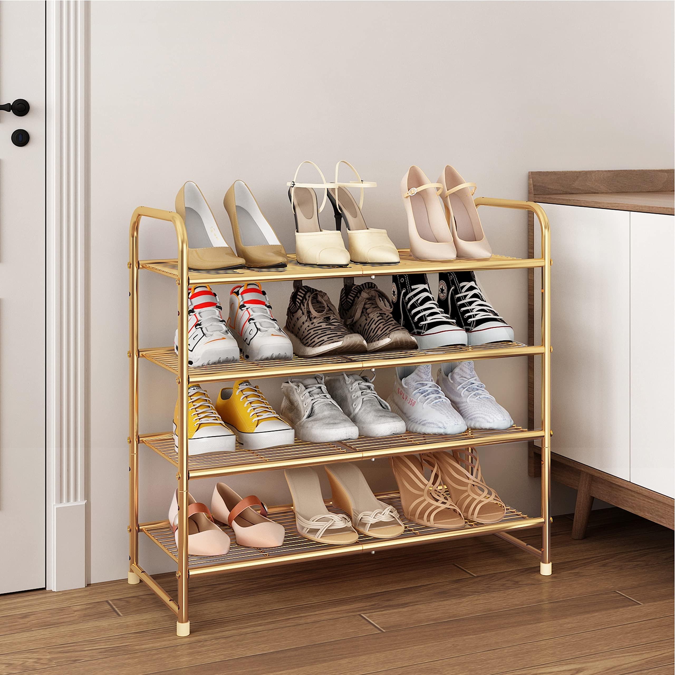 Simple Trending 4-Tier Stackable Shoe Rack - Expandable & Adjustable Shoe Organizer Storage Shelf with Wire Grid in Golden Yellow | Perfect for Closet, Bedroom & Entryway Organization