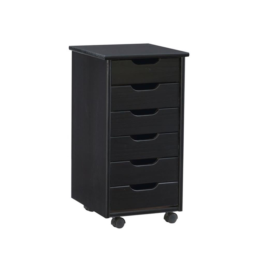 Mid Century Modern 6-Drawer Wood Dresser with Wheels - Black Rolling Storage Cabinet, Mobile Organizer Cart for Bedroom, Office, Living Room (15.35