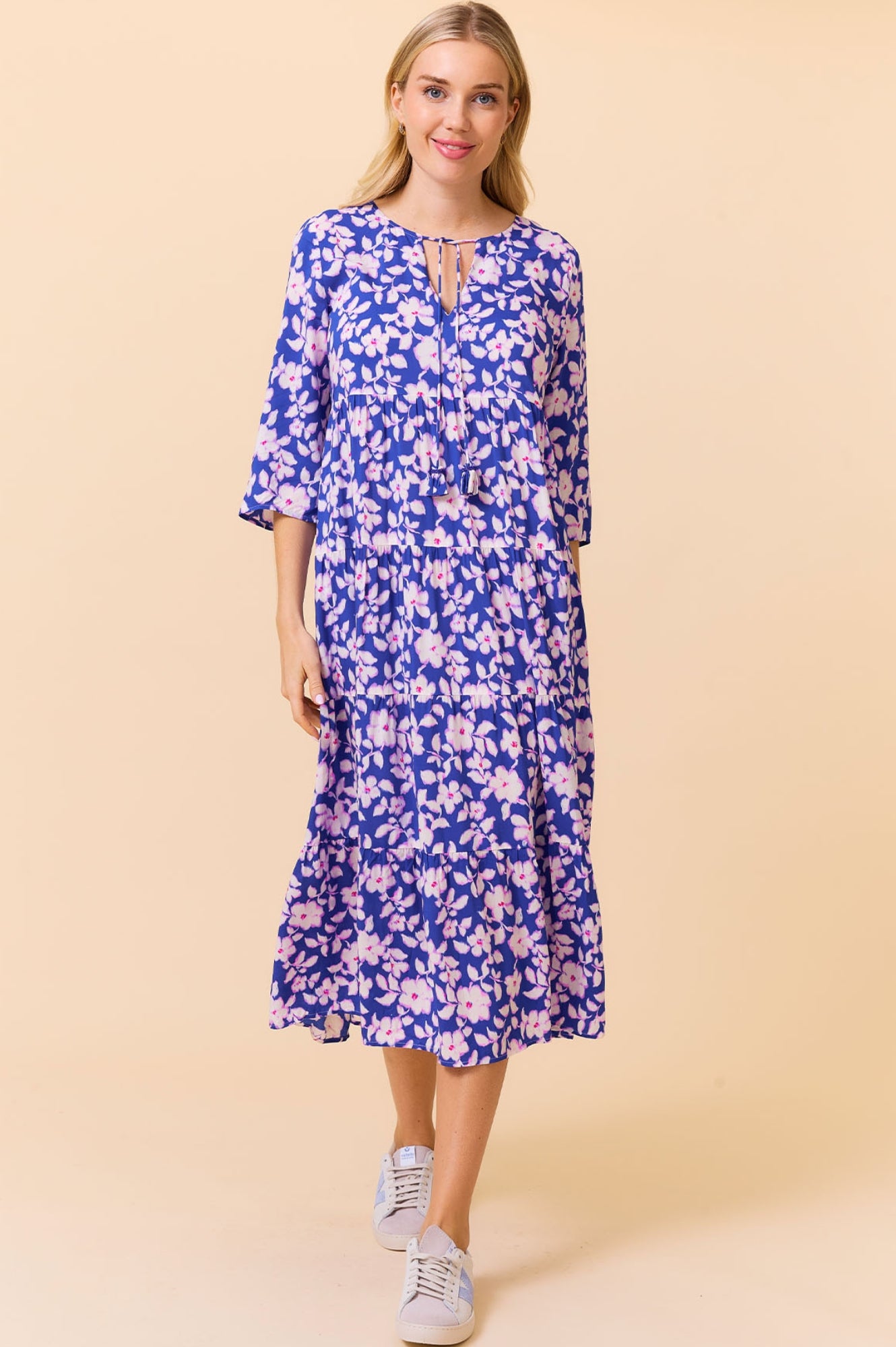 Emma EcoVero™ Midi Dress - Sustainable Floral Print Dress in Cobalt Blue & Pink | Perfect for Summer Weddings, Garden Parties & Casual Outings