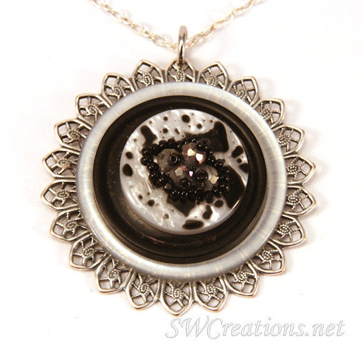 Vintage Jet Black Dalmation Button Pendant Necklace - Unique Retro Jewelry for Women, Gift for Her, Perfect for Parties & Special Occasions