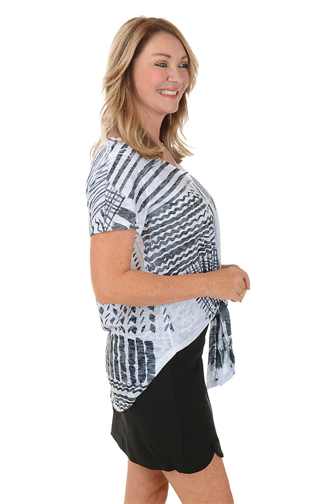 Stylish Petite Bold Lines Burnout Button Front Tee - Trendy Casual Top for Women | Perfect for Everyday Wear, Office Outfits & Weekend Looks